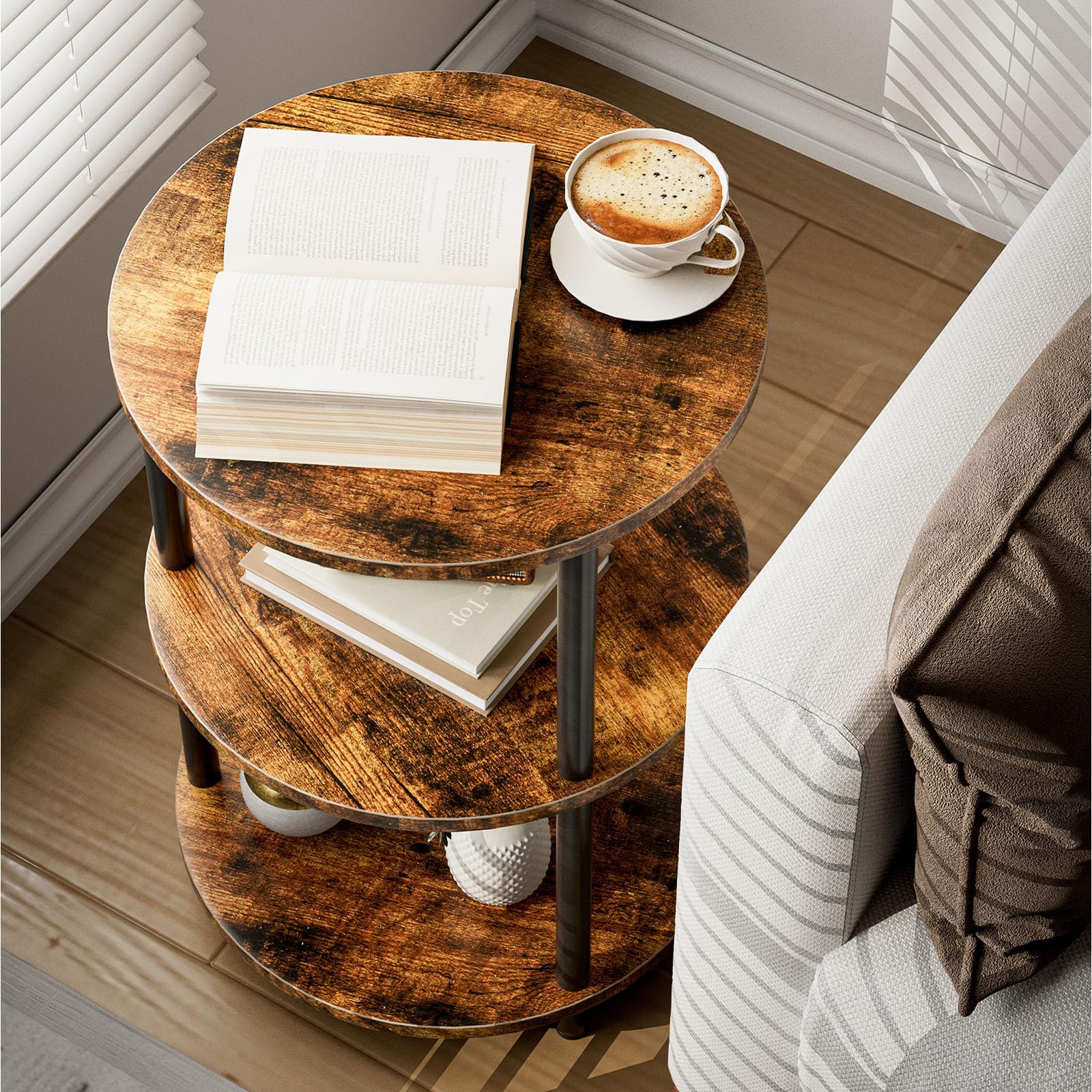 XBurmo Small Round End Table - 3 Tier Design Accent Table, Narrow Side Table or Bedside Table, Industrial Vintage Side Table, Co