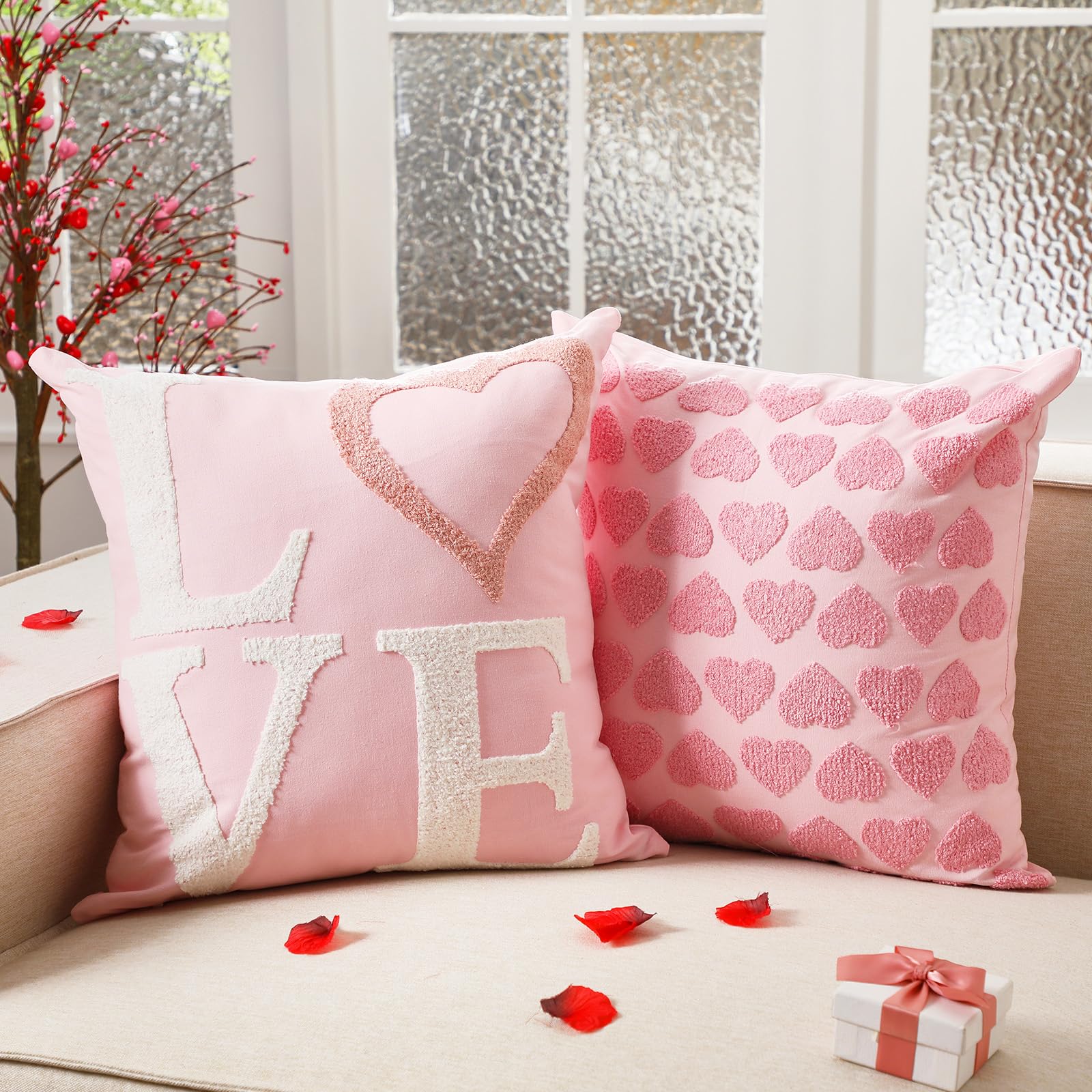 FuWeave Set of 2 Valentines Day Love Heart Throw Pillow Cover 18 x 18 Inches Valentines Embroidery Throw Pillow Covers Soft Red