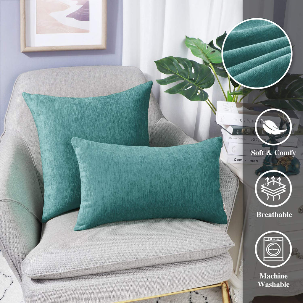 Brawarm Chenille Throw Pillow Covers 22X22 Inches - Teal Chenille Pillow Covers Pack Of 2, Solid Dyed Soft Chenille Pillow Cases