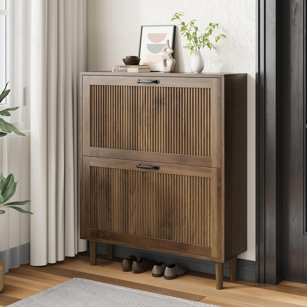 Kiasthome 2 Tier Entryway Shoe Storage Cabinet Closed Space Saving Hidden Shoe Organizer with Ribbed Doors Freestanding for Hall