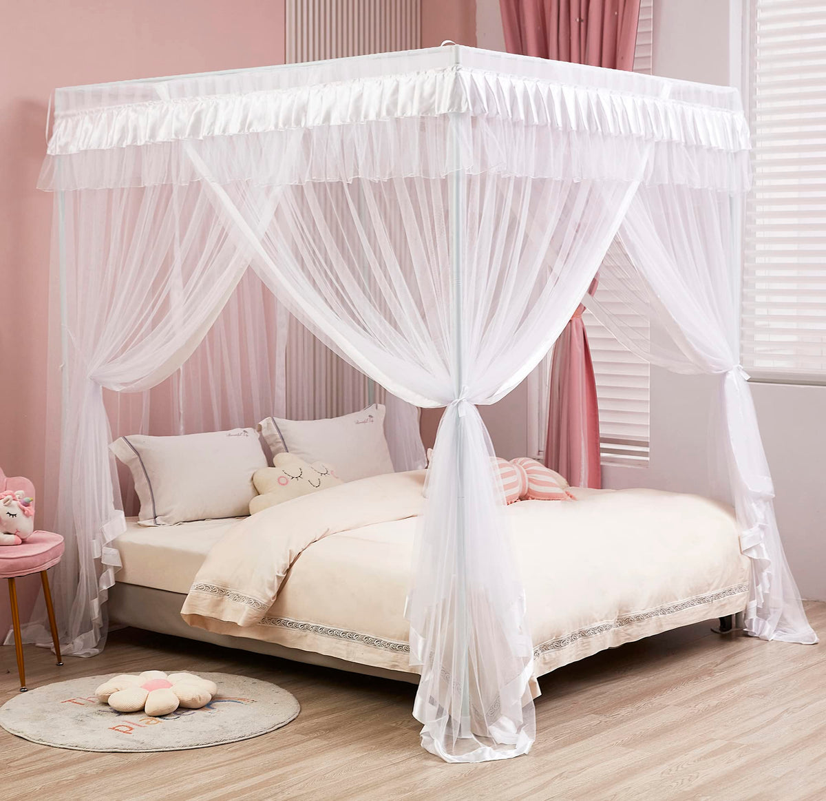 Mengersi Queen Size 4 Corners Post Canopy Bed Curtains Polyester White Princess Bedroom Decoration