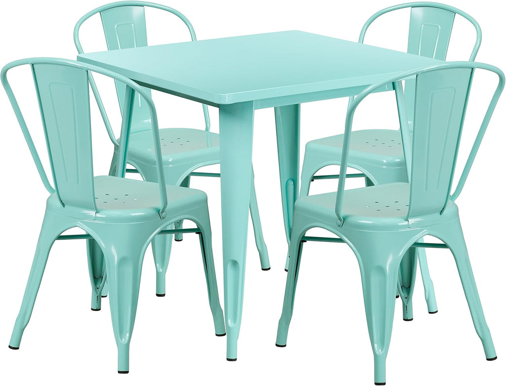 Commercial Grade 31.5 Square Green Metal Indoor-Outdoor Table Set with 4 Stack Chairs