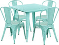 Commercial Grade 31.5 Square Green Metal Indoor-Outdoor Table Set with 4 Stack Chairs