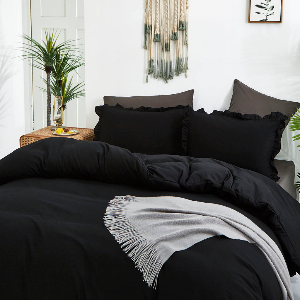 Clothknow Black Comforter Set Full Black Ruffle Bedding Comforter Sets Full Men Boys Women Comforter All Black Bedding Ruffle Comforter Farmhouse Comforter Shabby Chic Bedding