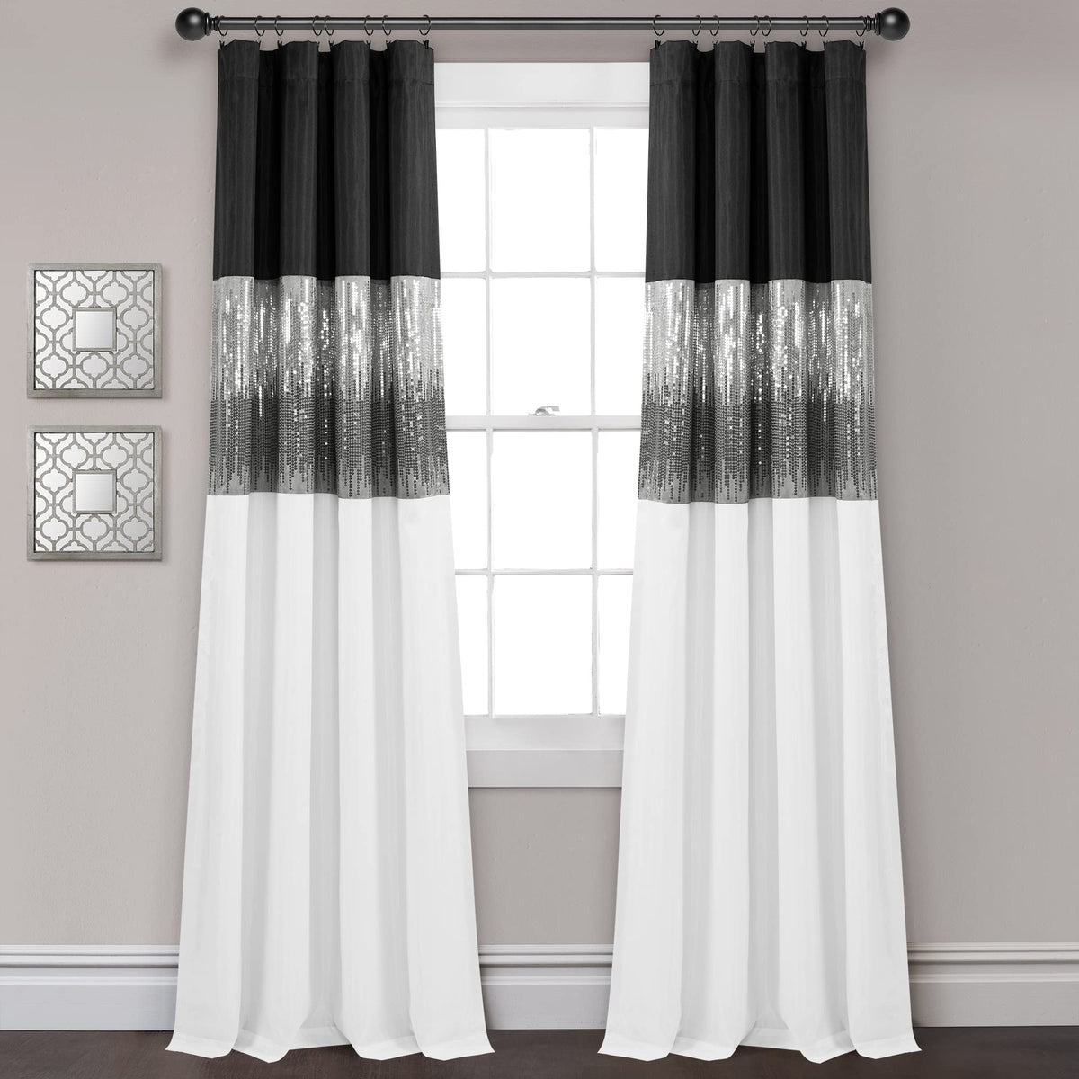 Lush Decor Night Sky 100% Blackout Lined Window Curtain Panel, Single, 42 W x 84 L, Black & White - Sparkle Sequins & Color Bloc