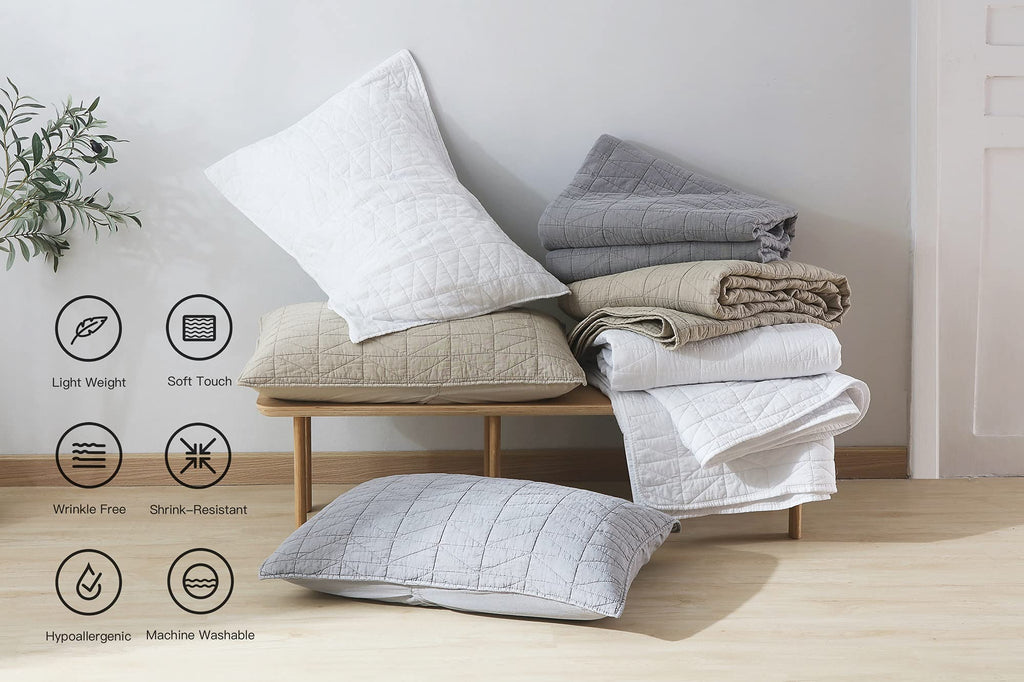 Horimote Home Quilt Set Queen Size, Stone-Washed Chic Rustic Grey Quilt With Classic Triangle Stitched Pattern, Ultra Soft Light