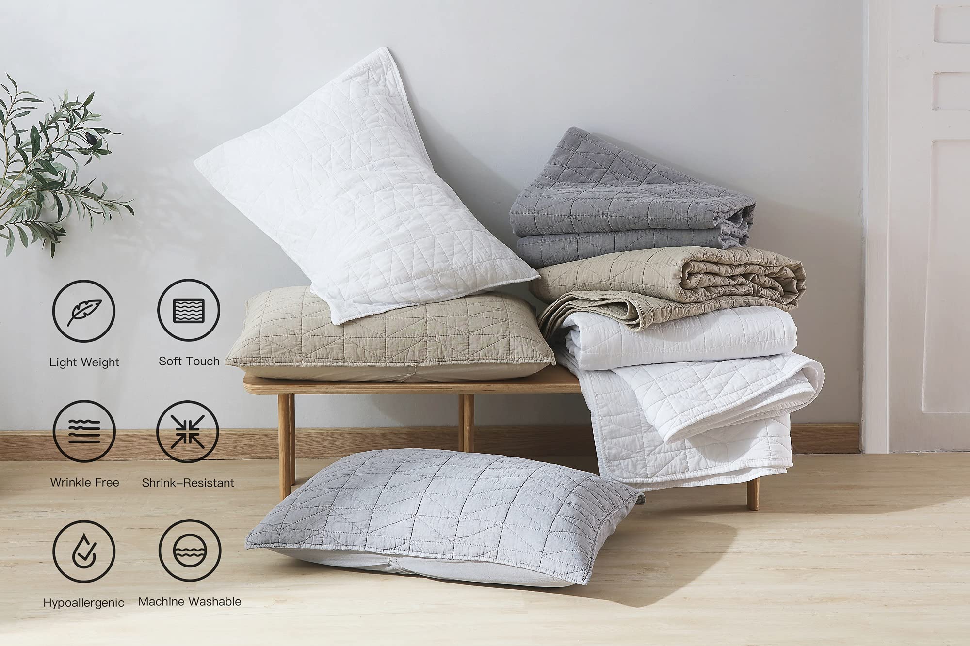 Horimote Home Quilt Set Queen Size, Stone-Washed Chic Rustic Grey Quilt With Classic Triangle Stitched Pattern, Ultra Soft Light