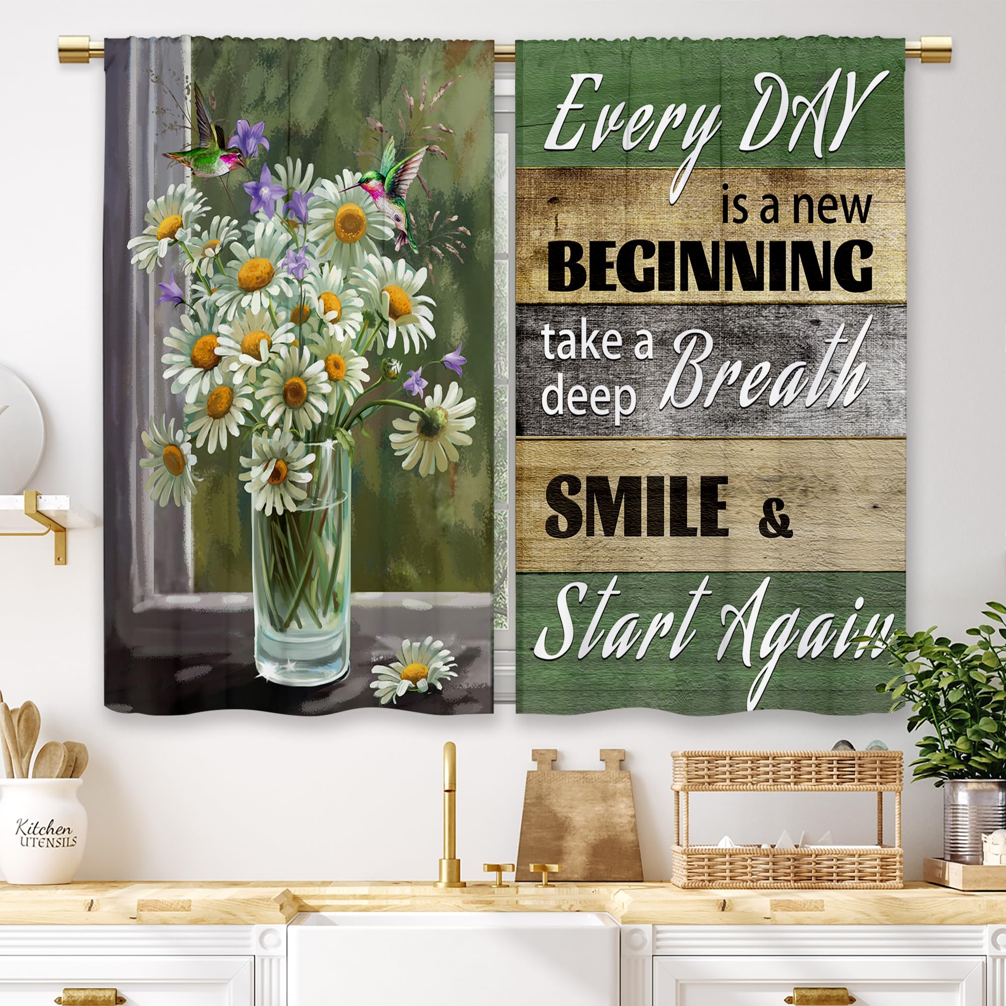 Laifzere Rustic Daisy Vase Floral Kitchen Curtains Green Wooden Farmhouse Flower Small Short Cafe Window Curtains Jesus Country