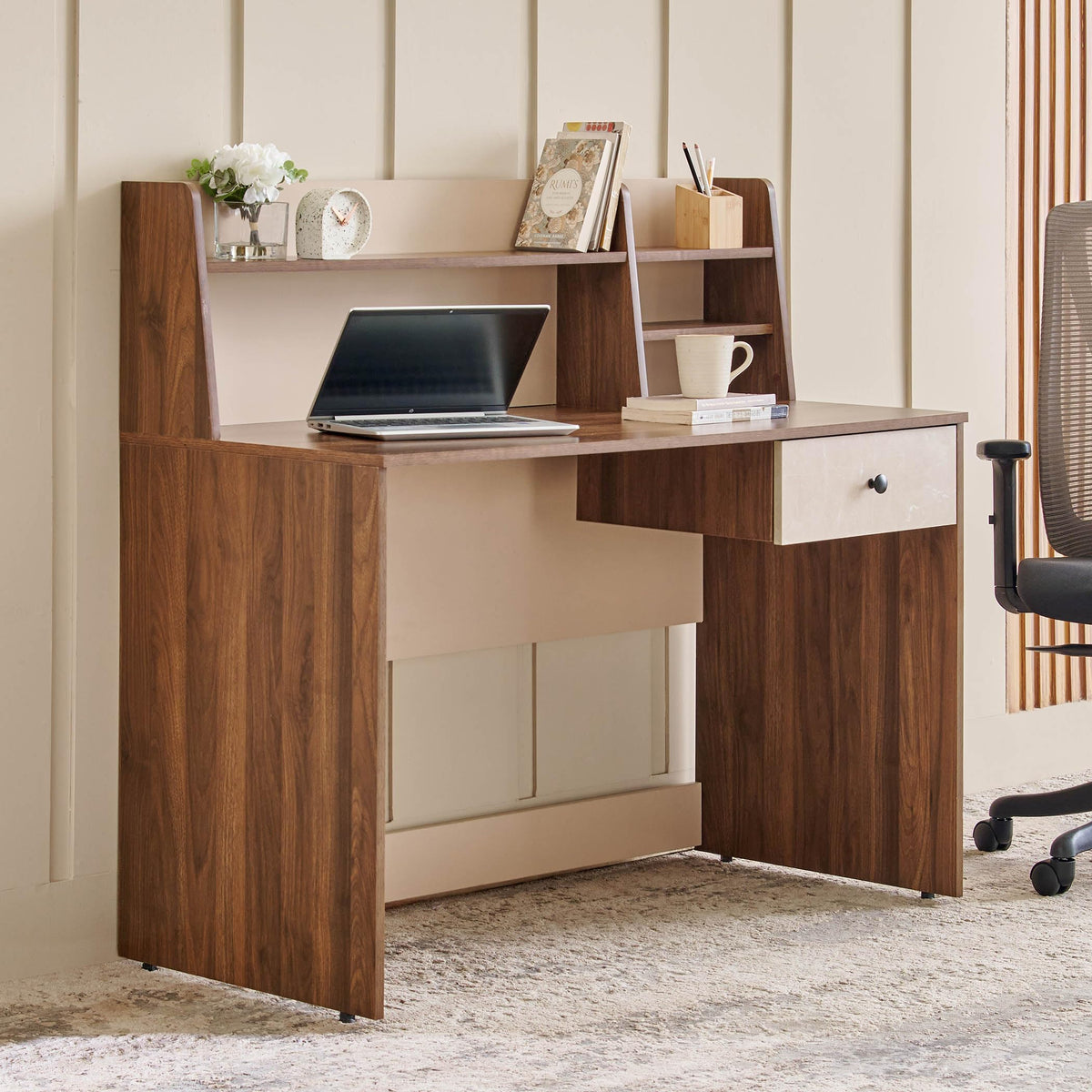 Home Centre | Addison Study Desk With Hutch | Study Table For Home Office | Engineered Wood | Brown | 1 Year Warranty
