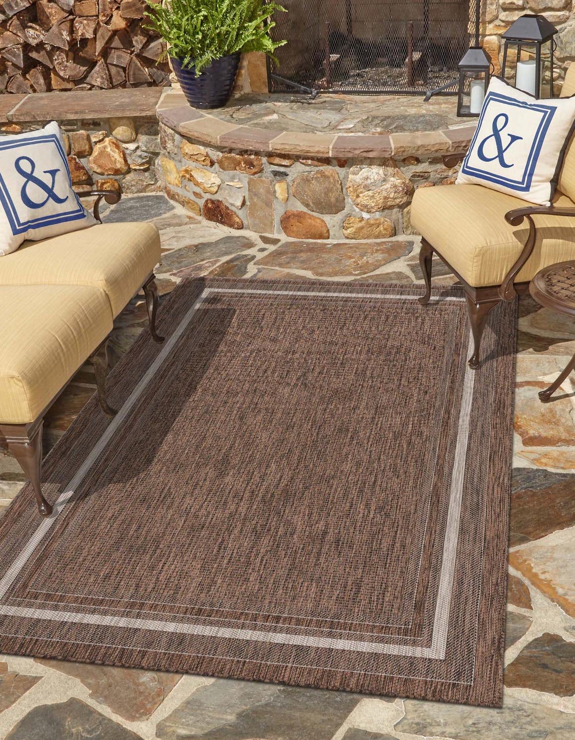 Unique Loom Outdoor Border Collection Area Rug - Soft Border (5 3 x 7 1 Rectangle Brown/Ivory)