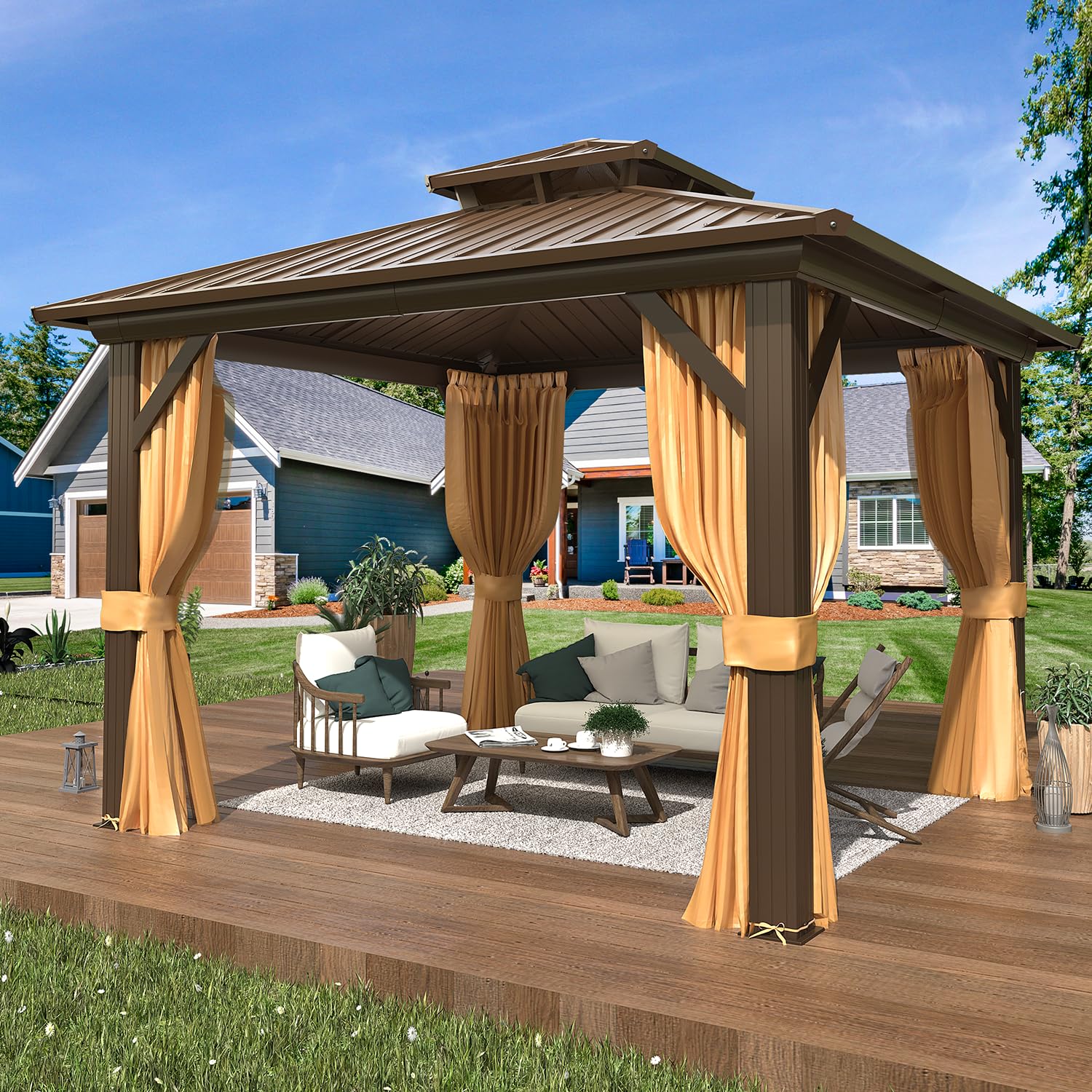 Erommy 10' X 10' Hardtop Gazebo, Galvanized Steel Double Roof Gazebo With Aluminum Frame, Permanent Outdoor Metal Pavilion With