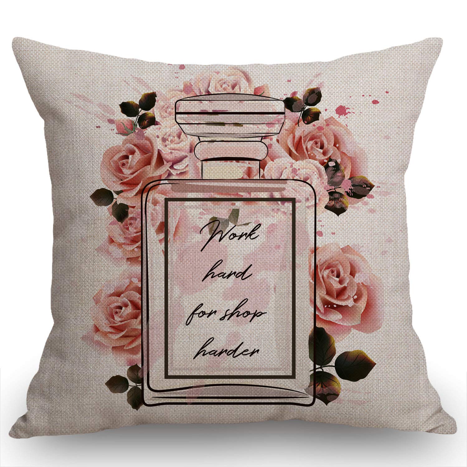 Swono Fashion Floral Throw Pillow Cover Pink Perfume Glass Bottle And Roses In Watercolor Style Farmhouse Cushion Case For Sofa
