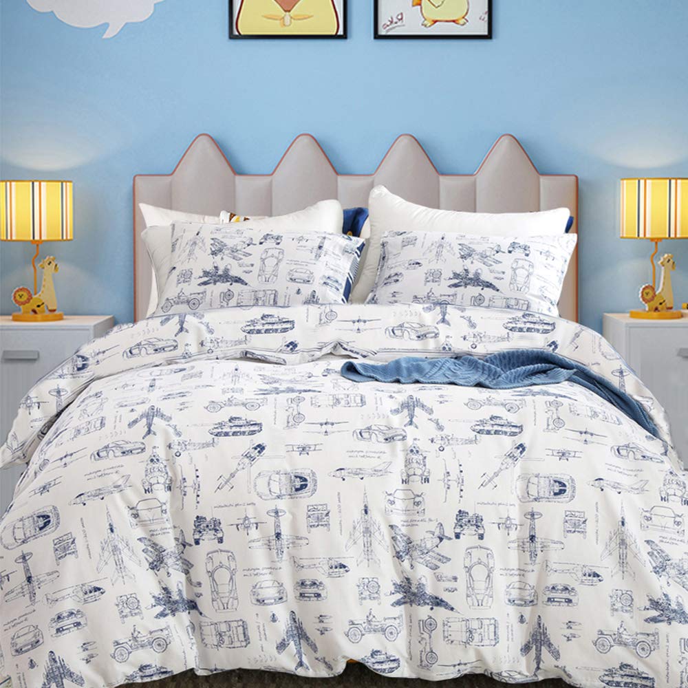 Clothknow Kids Twin Comforter Set 3Pcs Blue White Cars Bedding Comforter Sets Cartoon Comforter Toddler Comforter Twin Tank Airc