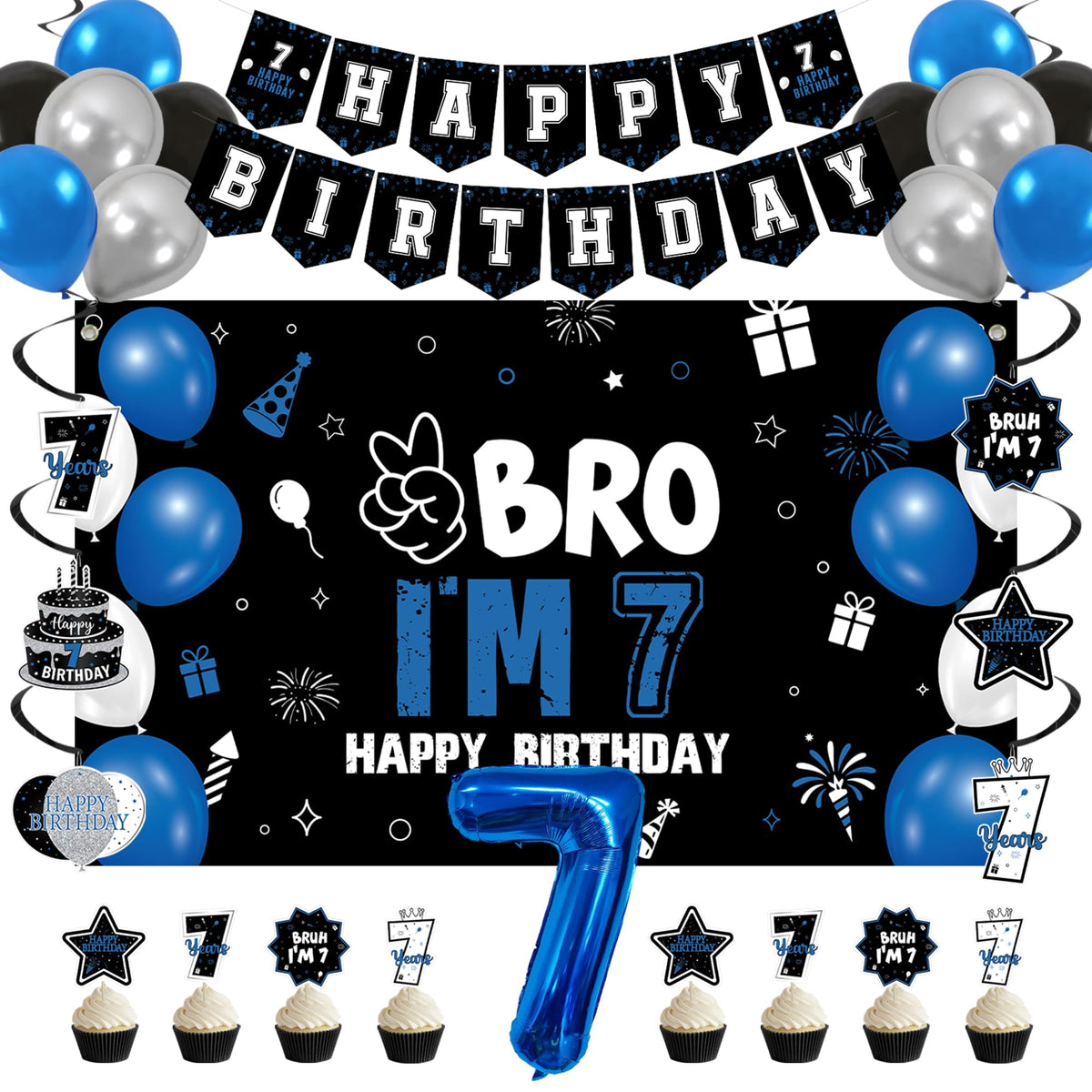 Vlipoeasn Blue 7th Birthday Decorations Set for Boys Girls(35PC)