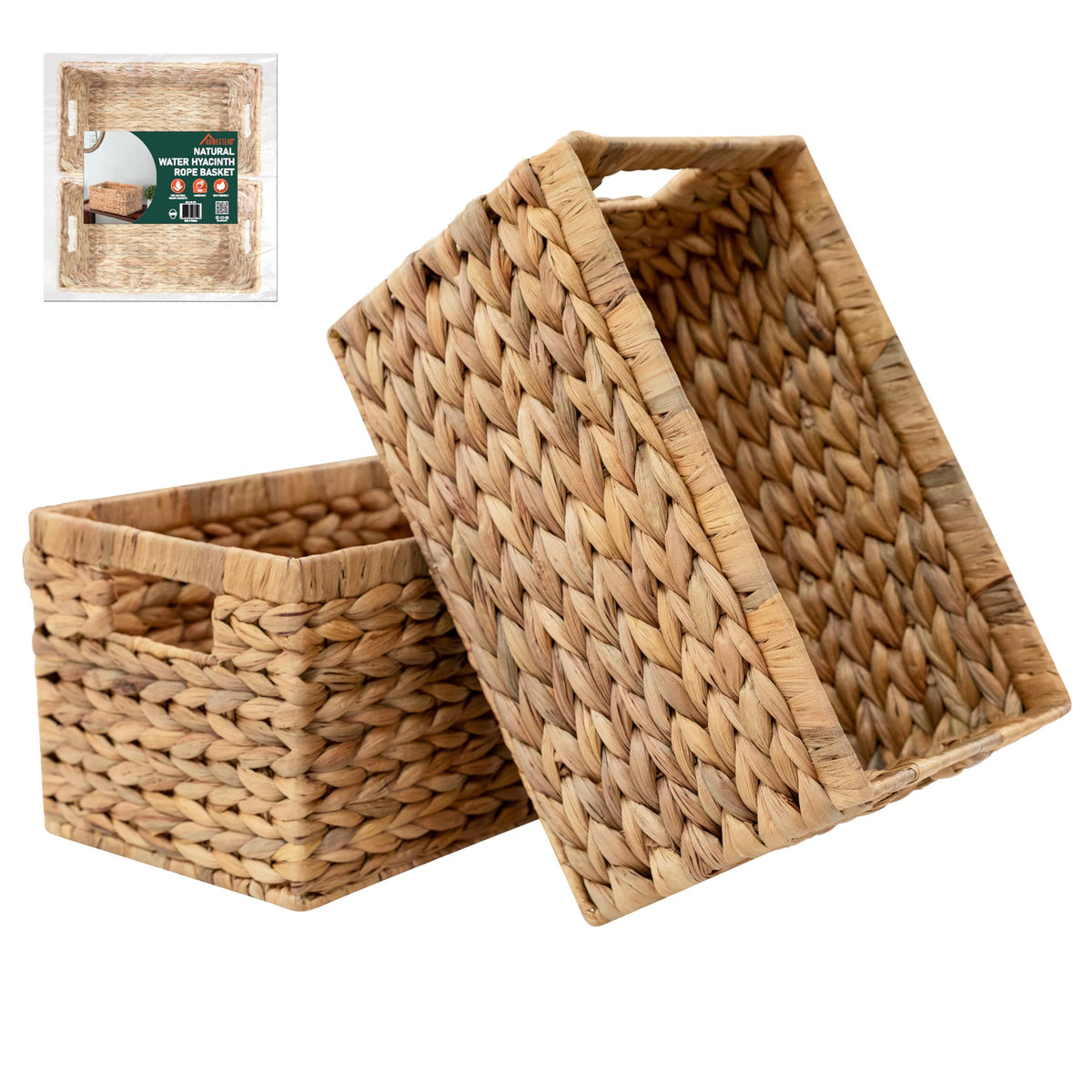2Pack Handwoven Water Hyacinth Storage Baskets with Handles, Wicker Bins for Pantry Organization, Shelf or Closet Organizer, De