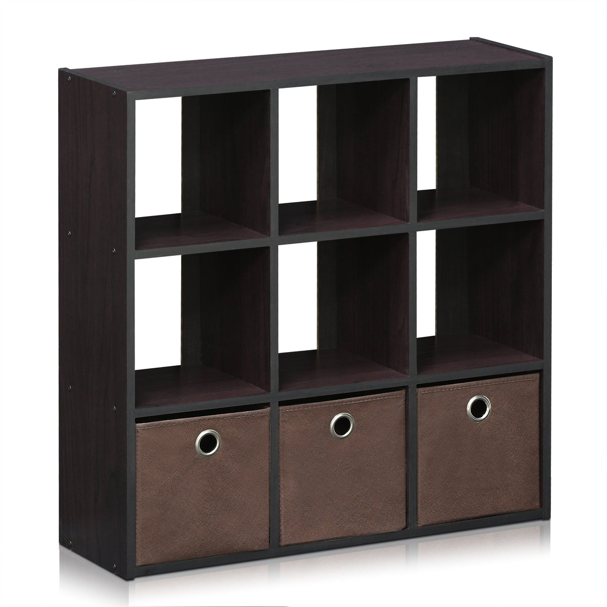 Furinno Simplistic 9-Cube Organizer with Bins, Small Size (Assembled Unit Dimensions : 7.9"D x 26.5"W x 26.7"H Inches), Dark Walnut