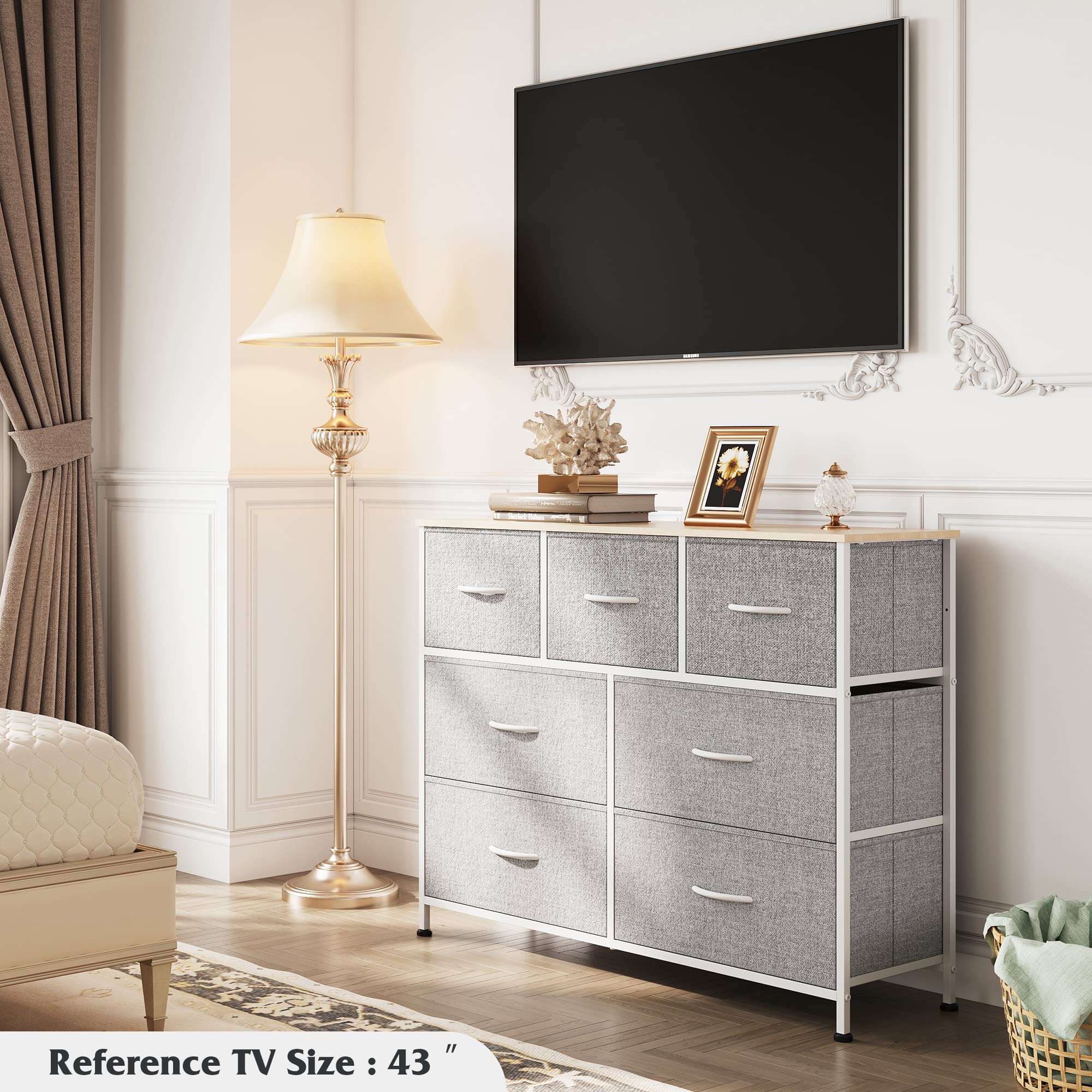 Wlive Dresser Tv Stand, Entertainment Center With Fabric Drawers, Media Console Table With Metal Frame And Wood Top For Tv Up To 45 Inch, Chest Of Drawers For Bedroom, Living Room, Light Grey