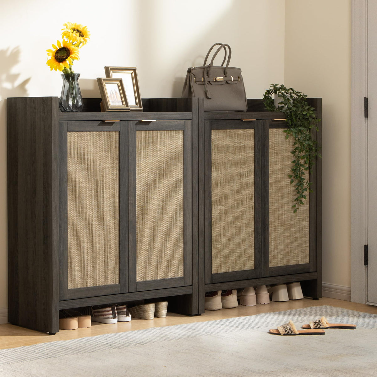 SICOTAS Shoe Cabinet Set of 2, Large Capacity Shoe Storage Organizer Cabinet, Tall Rattan Shoe Cabinet with Doors and Shelves, 6