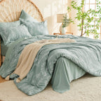Muxhomo Full Comforter Set, Sage Green Elegant Floral Print Bed In A Bag 7 Pieces, Ultra Soft & Breathable Reversible Botanical