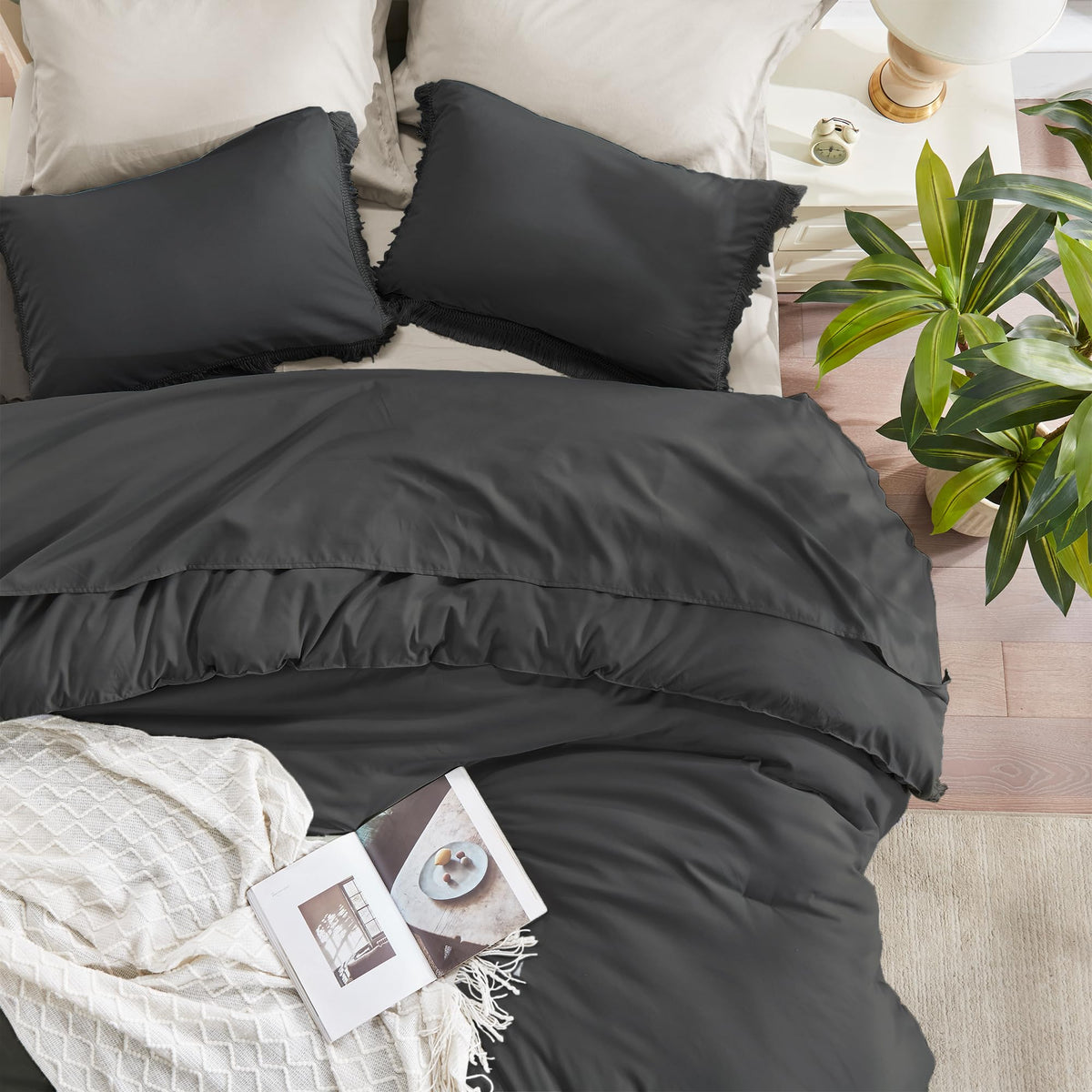 Andency Comforter King Size Bed Set Dark Grey, 3 Pieces Boho Lightweight Winter Bedding Comforters & Sets, All Season Soft Tassel Bed Set (104X90In Comforter & 2 Pillowcases)