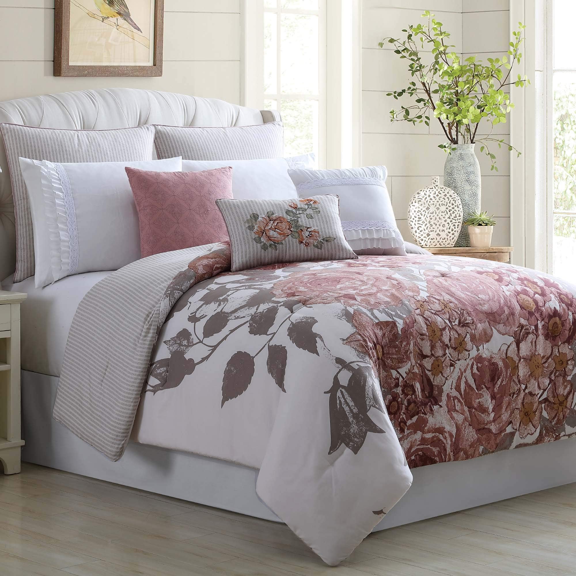 Modern Threads Rose Farmhouse 8Piece Embellished All Season Down Alternative Comforter Set Bedding With Matching Shams, Decorat