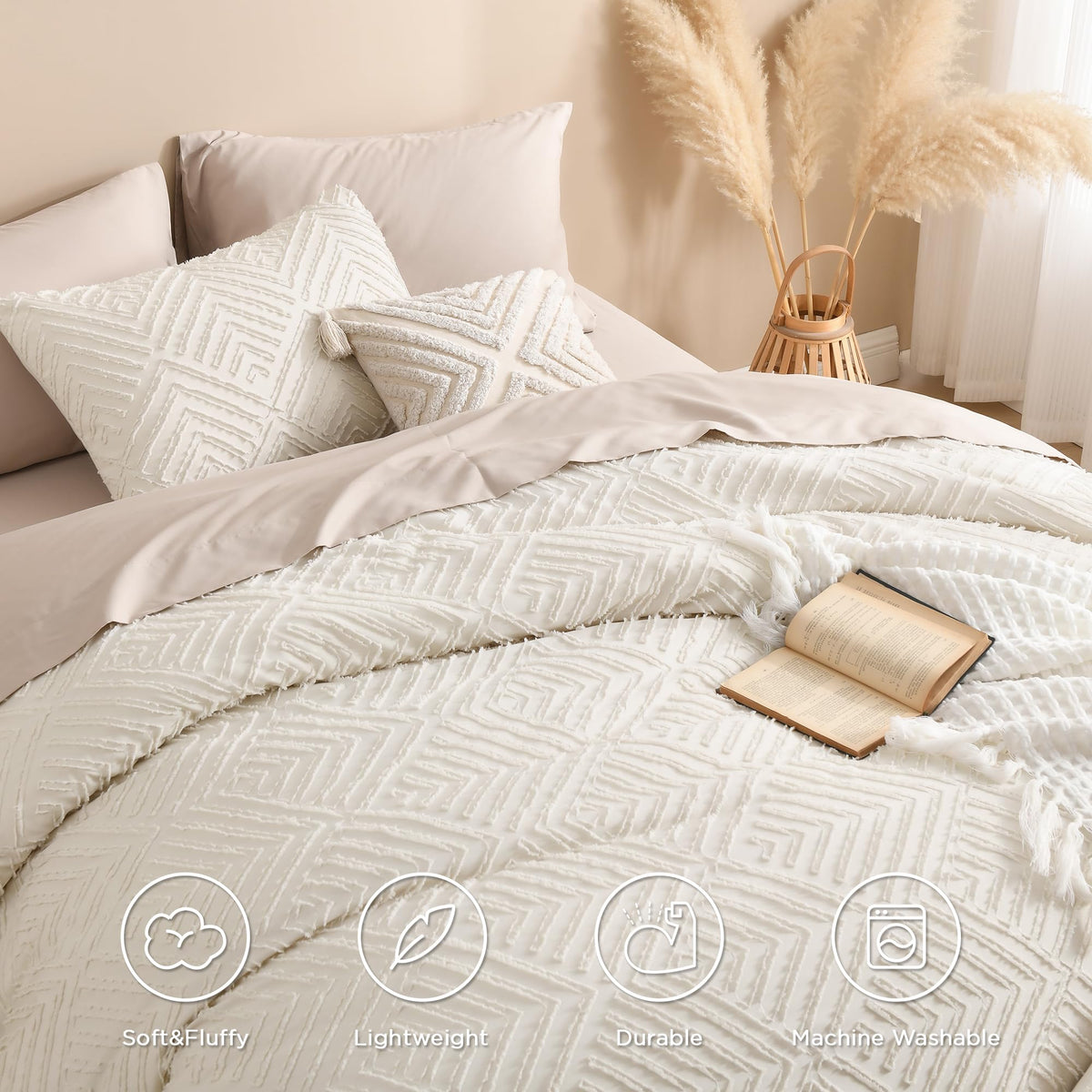 Andency Beige Boho Full Size Comforter Set, 3 Pieces Chevron Tufted Farmhouse Lightweight And Fluffy Bedding Set, All Season Bed Set (79X90In Comforter And 2 Pillow Shams)