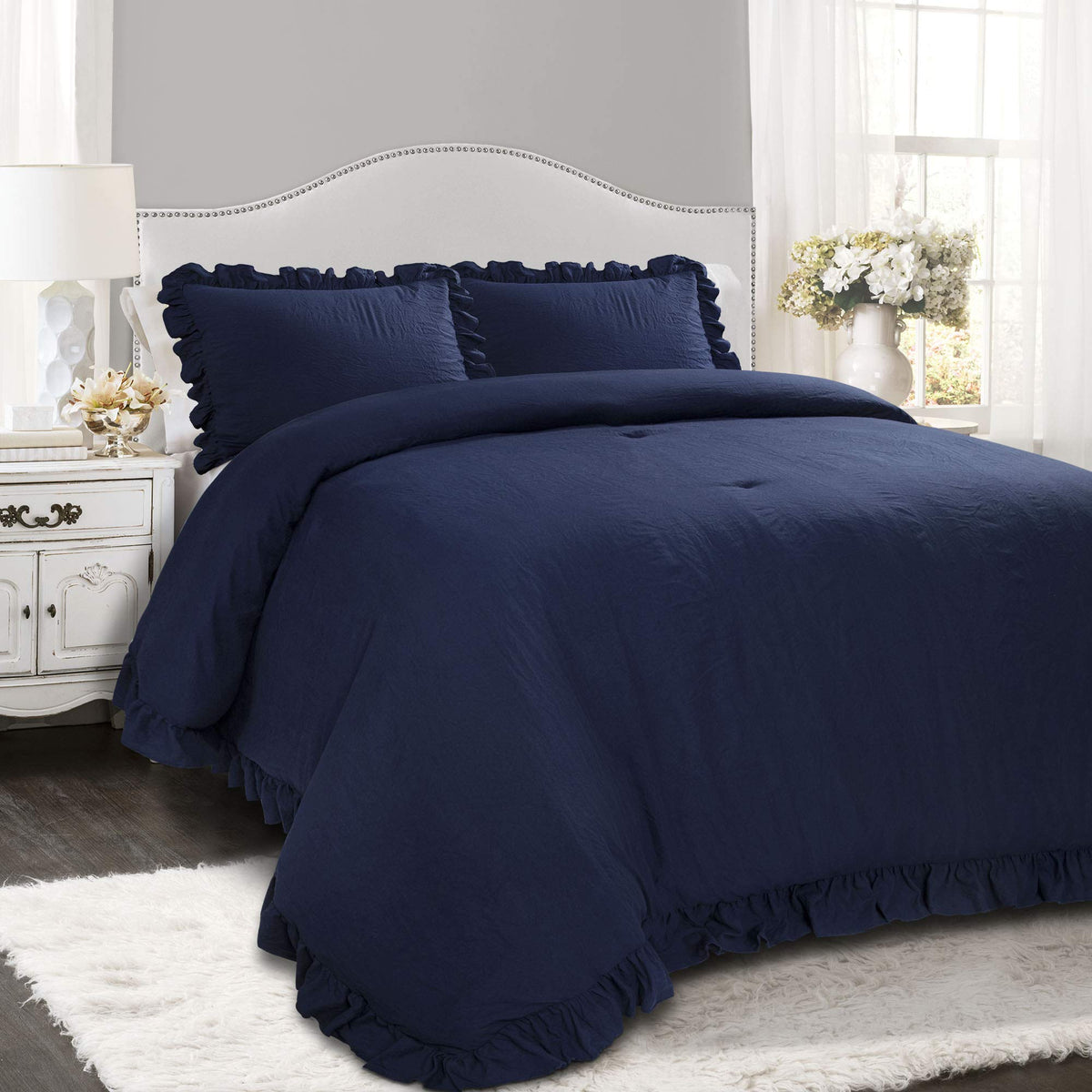 Lush Decor Reyna Ruffle Comforter Set - 3 Piece Cozy Ruffled Bedding Set - Timeless Elegance And Comfort For Bedroom - King, Nav