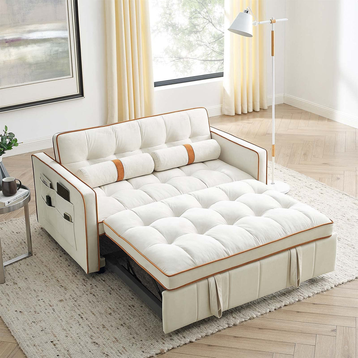 Jeeohey Sleeper Sofa Couch W/Pull Out Bed, 55' New Upgraded Tufted Velvet Convertible Sleeper Sofa Bed, Small Love Seat Sofa Bed W/ 2 Pillows For Small Space, Living Room, Apartment, Beige