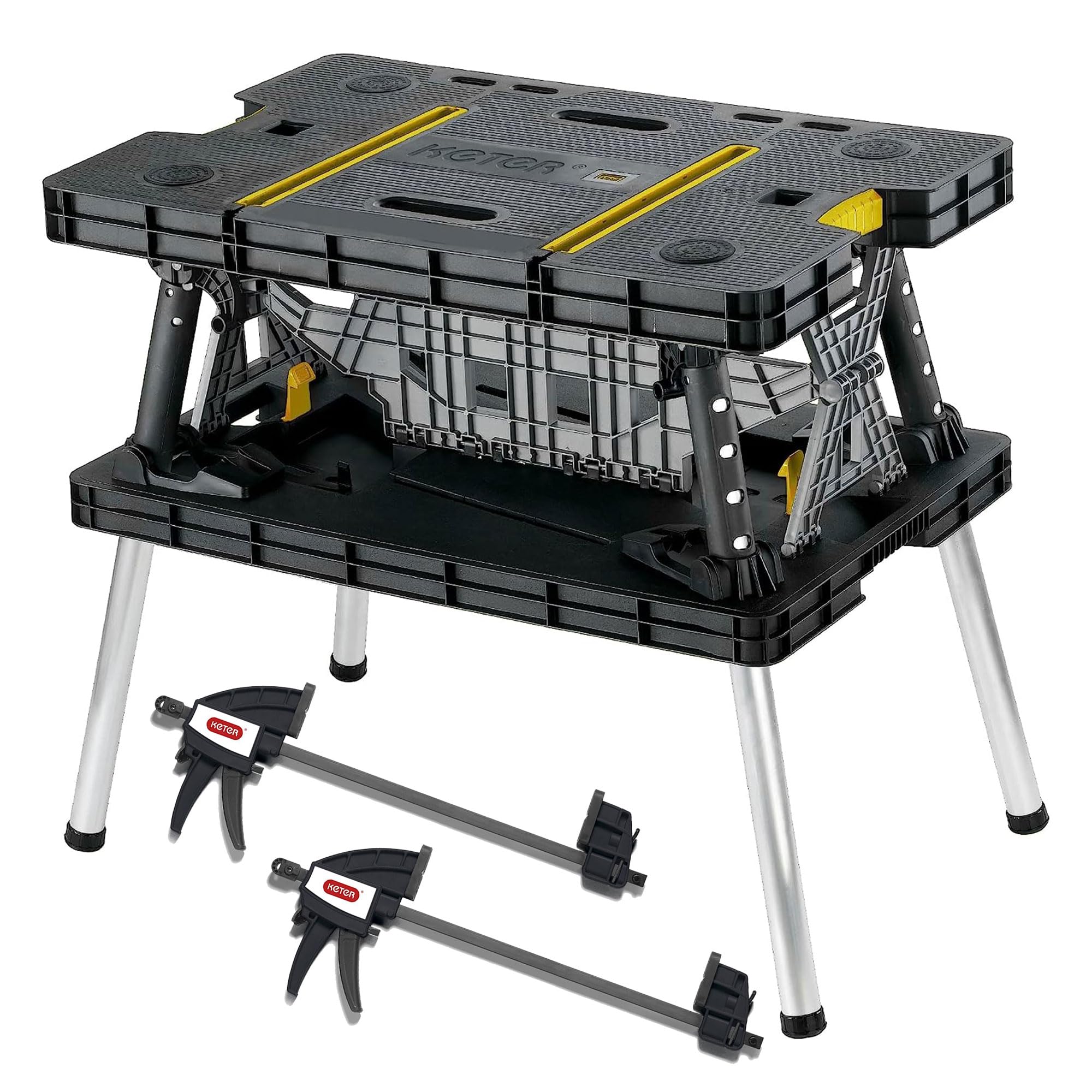 Keter Folding Work Table, Portable Workbench w/ 12 Clamps for Garage/Wood Shop