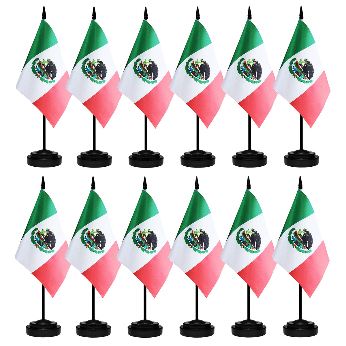 12 Pack Mexico Desk Flags Set, Mexican Small Mini Table Office Flags With 12' Solid Black Pole, 8.2 X 5.5 Inches, Home And Offi