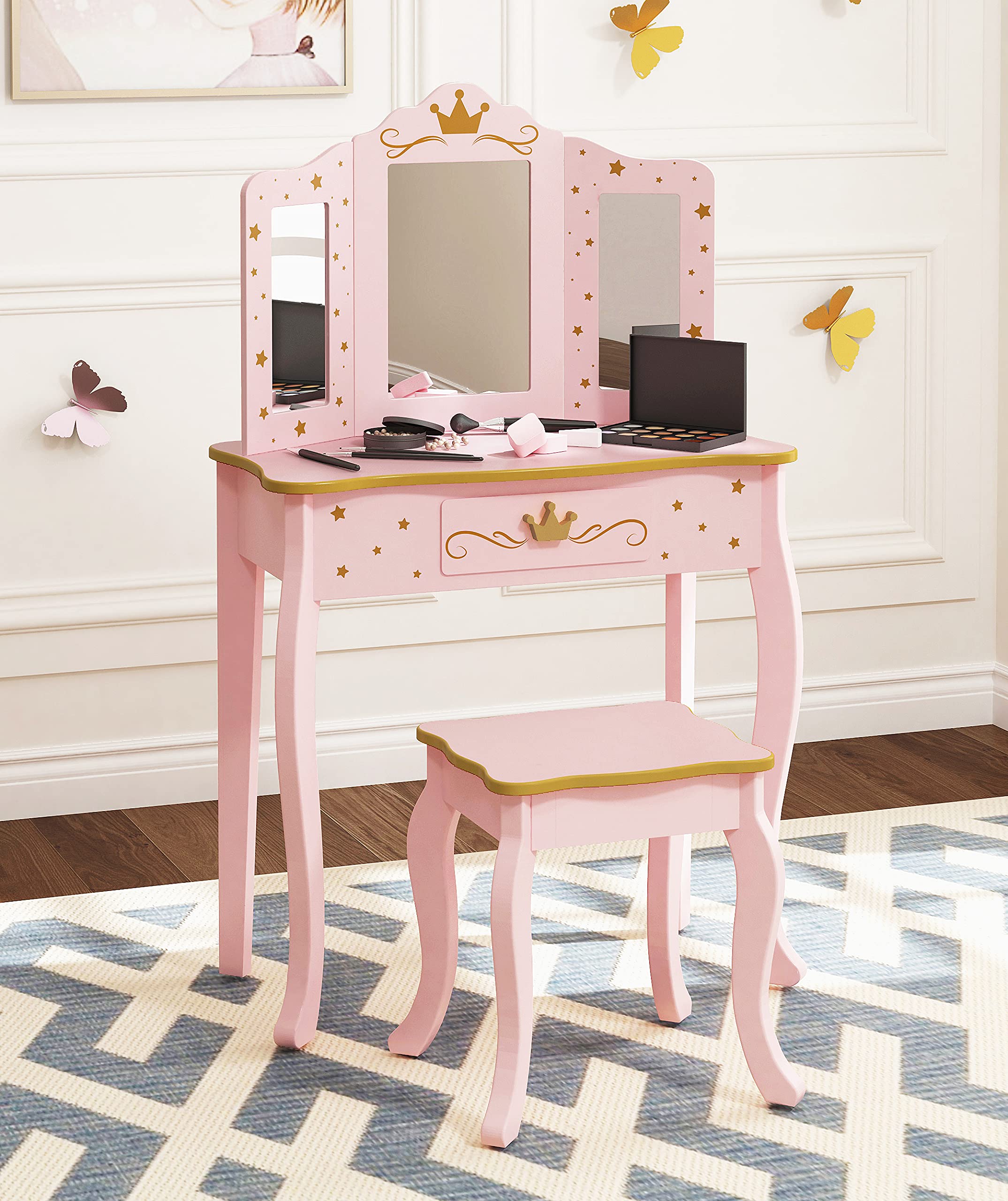 Utex Pretend Play Kids Vanity Set With Mirror And Stool, Kids Make Up Vanity Desk With Mirrror For Little Girls, Children Makeup Dressing Table With Drawer, Pink