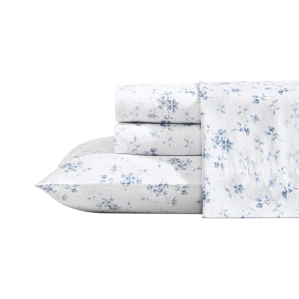 Laura Ashley Home - Queen Sheets, Soft Sateen Cotton Bedding Set - Sleek, Smooth, & Breathable Home Decor (Garden Muse Blue, 4 Pieces, Queen)
