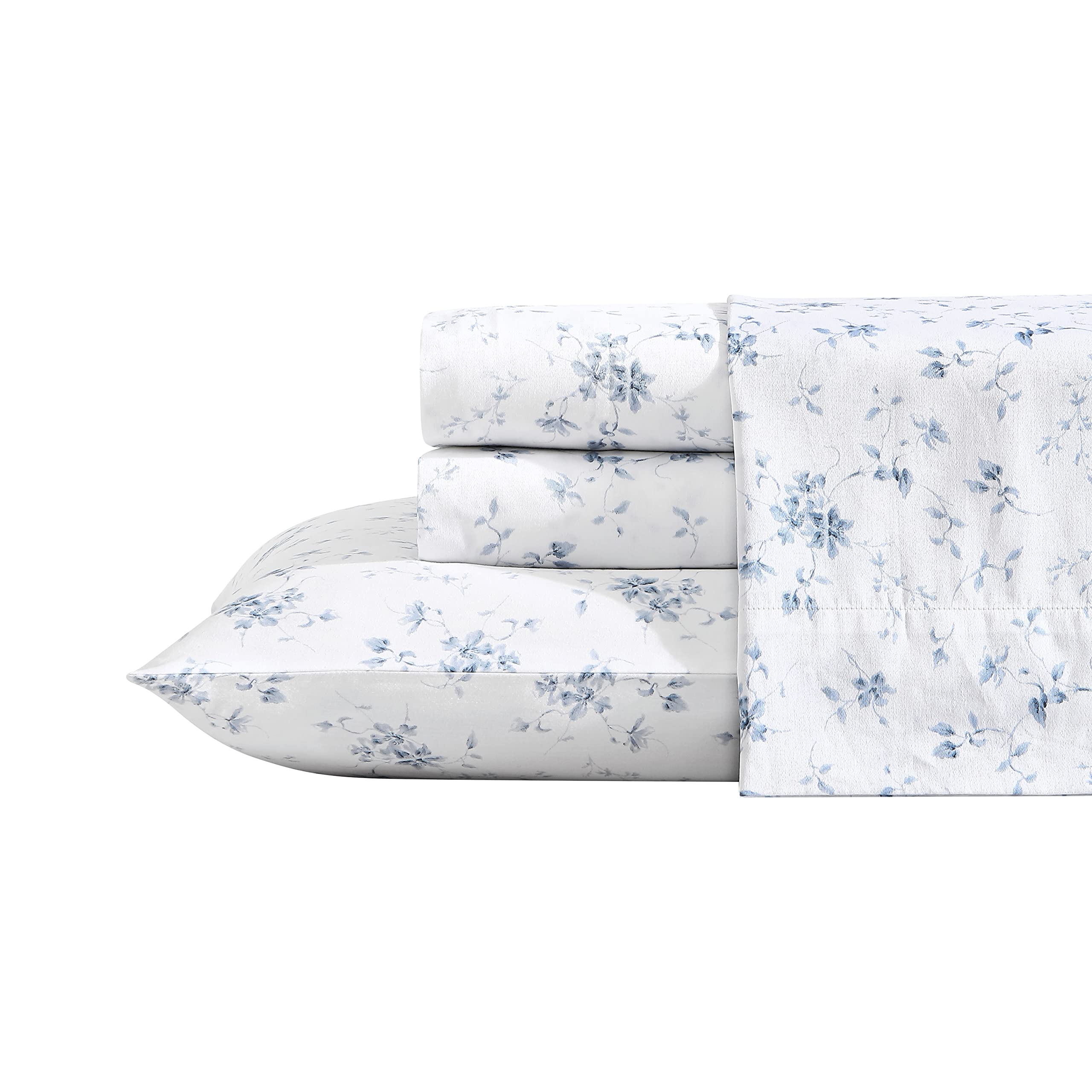 Laura Ashley Home - Queen Sheets, Soft Sateen Cotton Bedding Set - Sleek, Smooth, & Breathable Home Decor (Garden Muse Blue, 4 Pieces, Queen)
