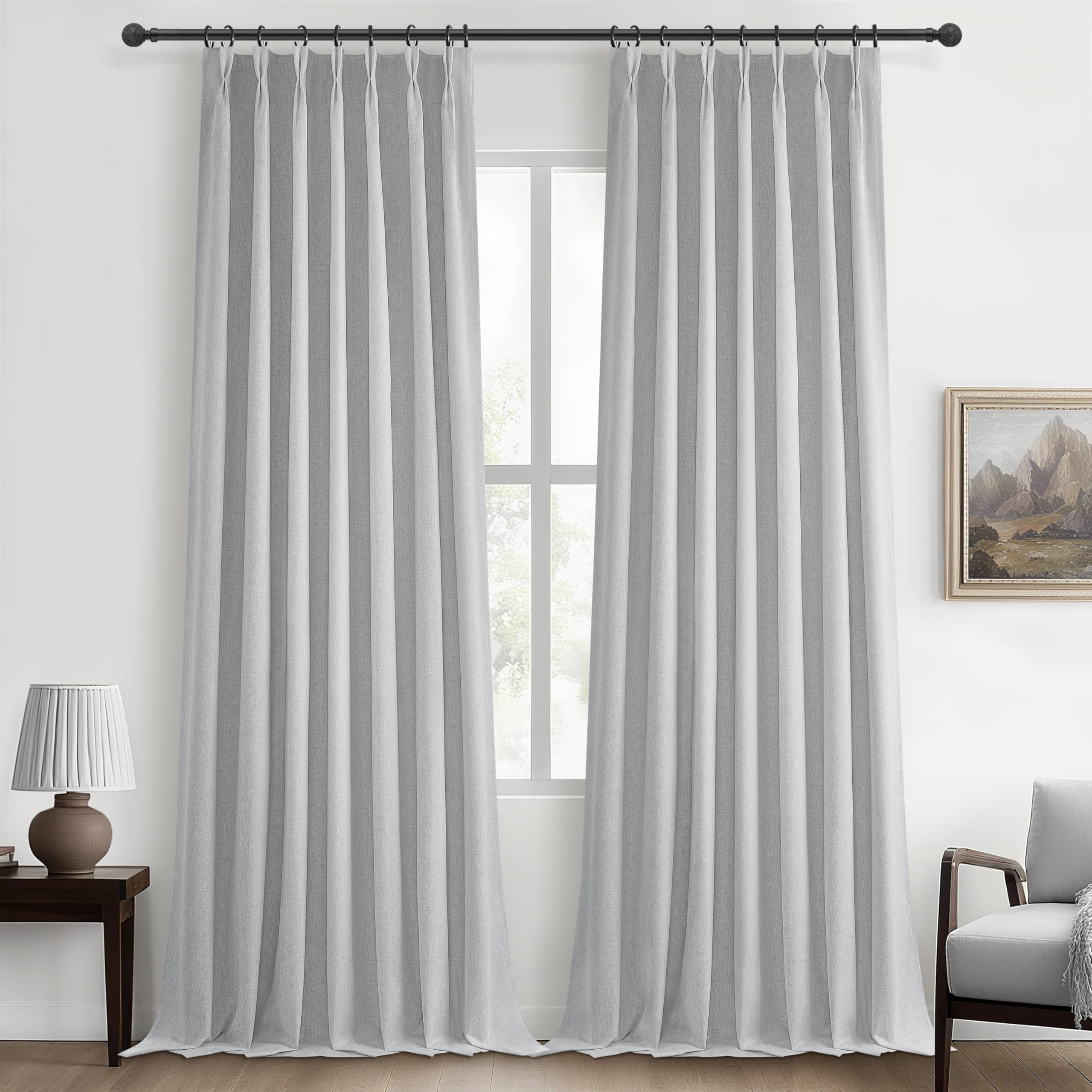 Light Grey Blackout Curtains 102 Inch Long for Living Room, Pinch Pleated Flax Linen Modern Insulated Drapes Bedroom Ceiling to 