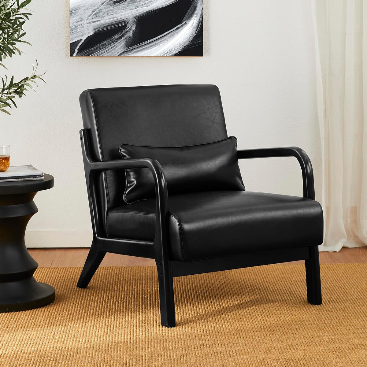 Himanshu Arts Midcentury Modern Accent Chair Set Of 1, Upholstered Living Room Chairs With Waist Cushion, Reading Armchair For