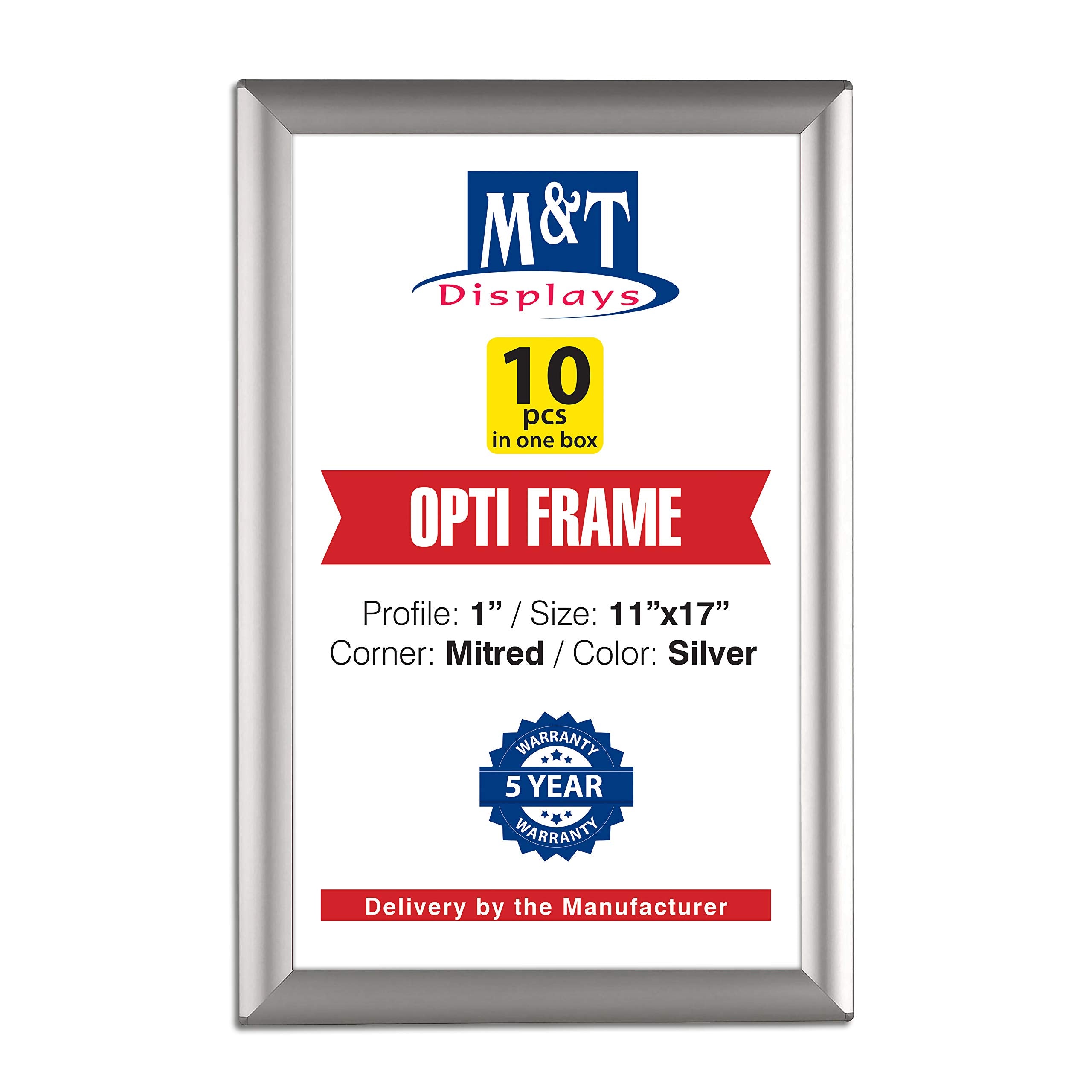 M&T Displays Opti Snap Poster Frame 11x17 Inch Silver 1 Aluminum Profile Front Loading Wall Mounting Photo Picture Document Cert