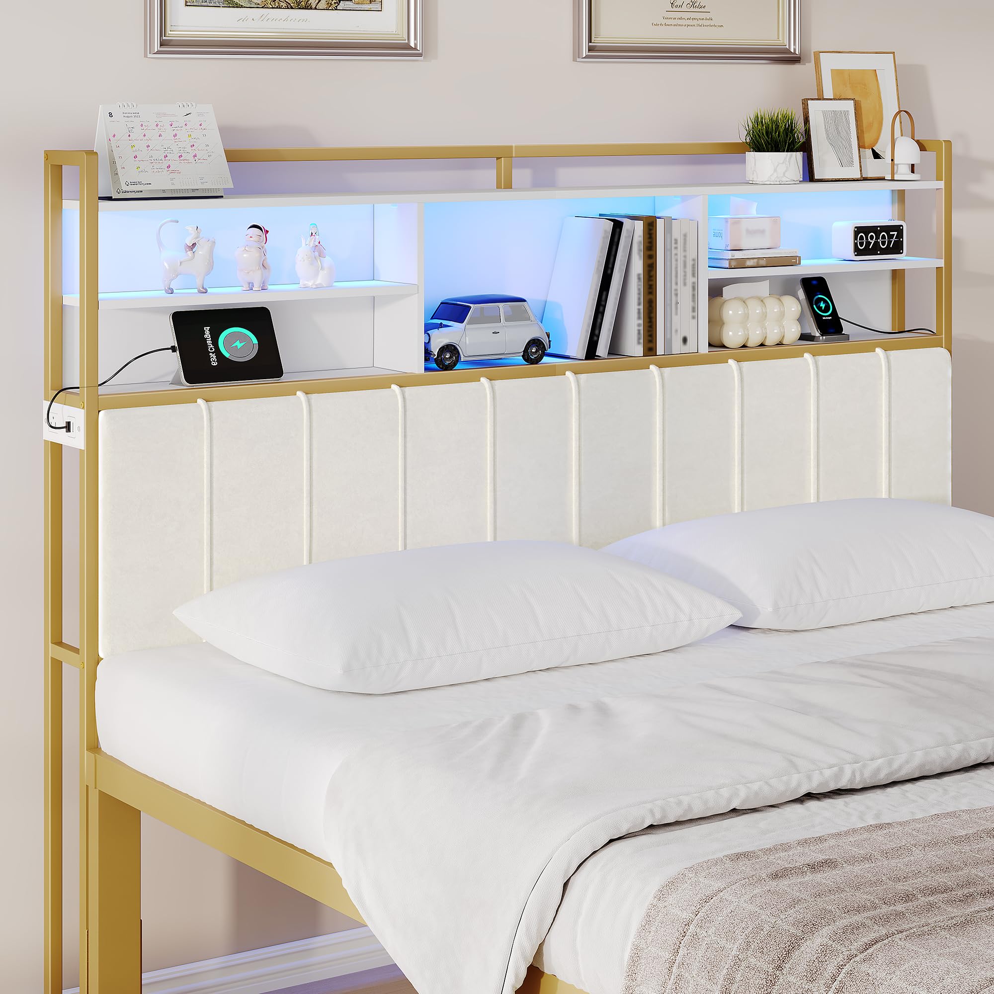 Hzuaneri Headboard with 3-Tier Storage Shelves, Upholstered Head Board with 2 Outlets, USB Ports & LED Light, Soft Backrest for 
