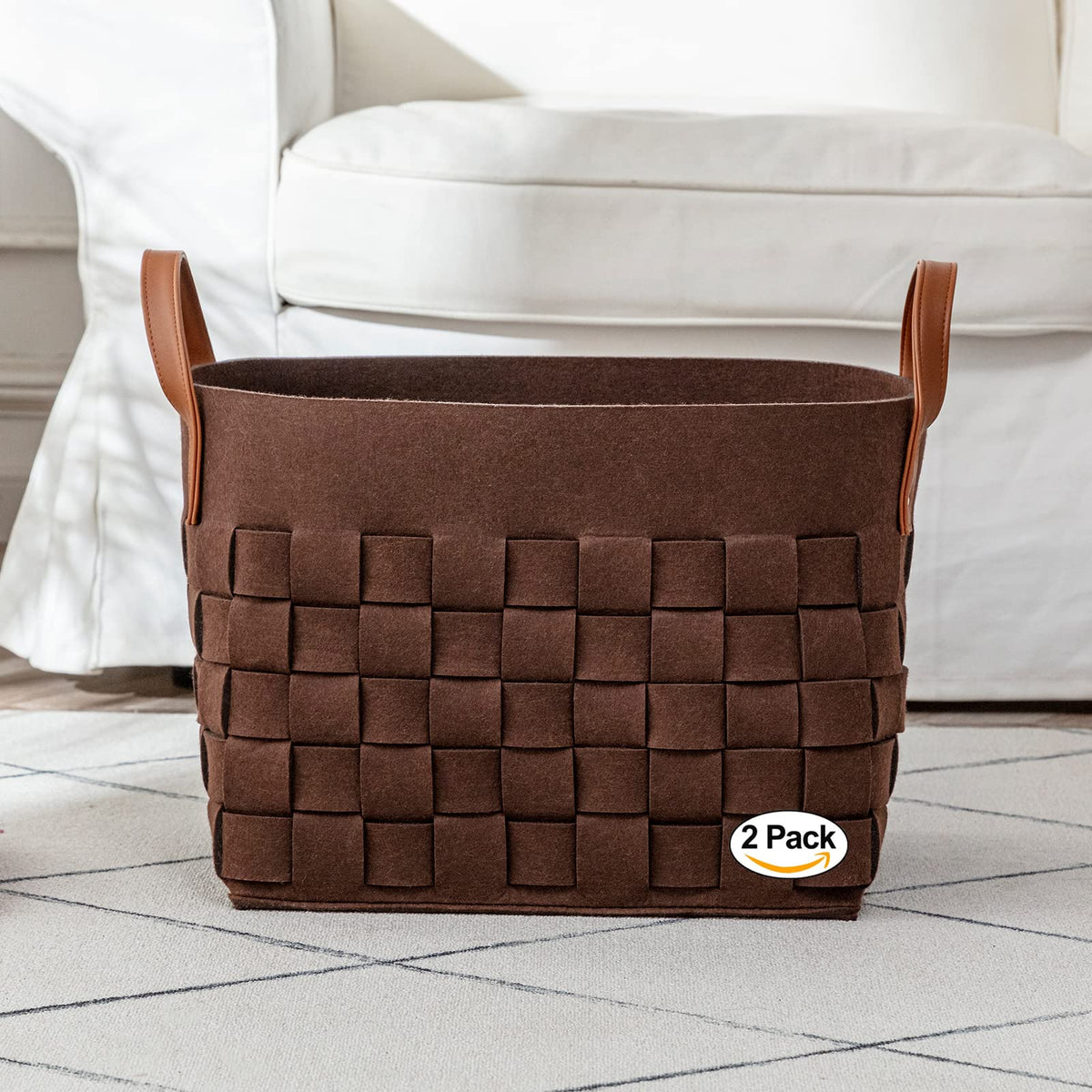 boldmonkey Laundry Basket 15  x13 x11 2 Pack, Large Rectangular Felt Fabric Blanket Basket with Leather Handle, Dirt Clothes La
