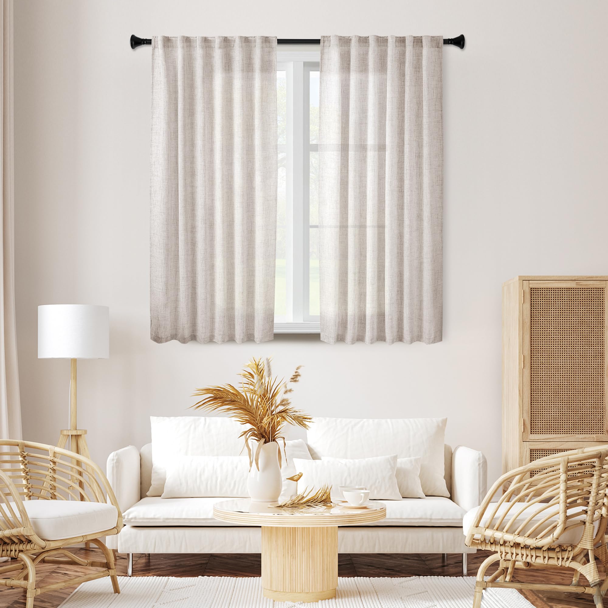 Meetbily Short Linen Curtains 45 Inch Length For Kitchen Cafe Window Bathroom 2 Panels Set Back Tab Pocket Farmhouse Boho Light