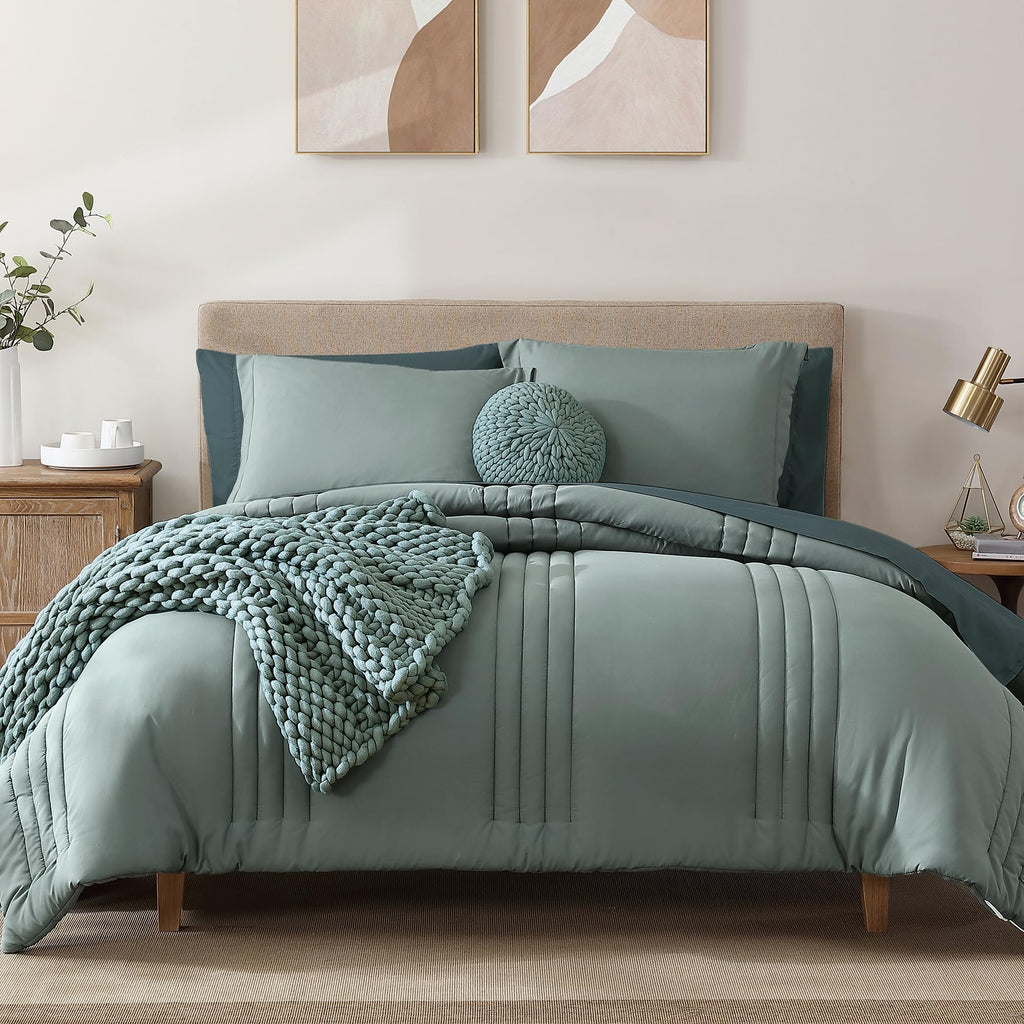 Monbix Comforter King Size, King Comforters Set 7 Piece, Breathable Solid Bedding Sets King With Comforters, Sheets, King Bed In