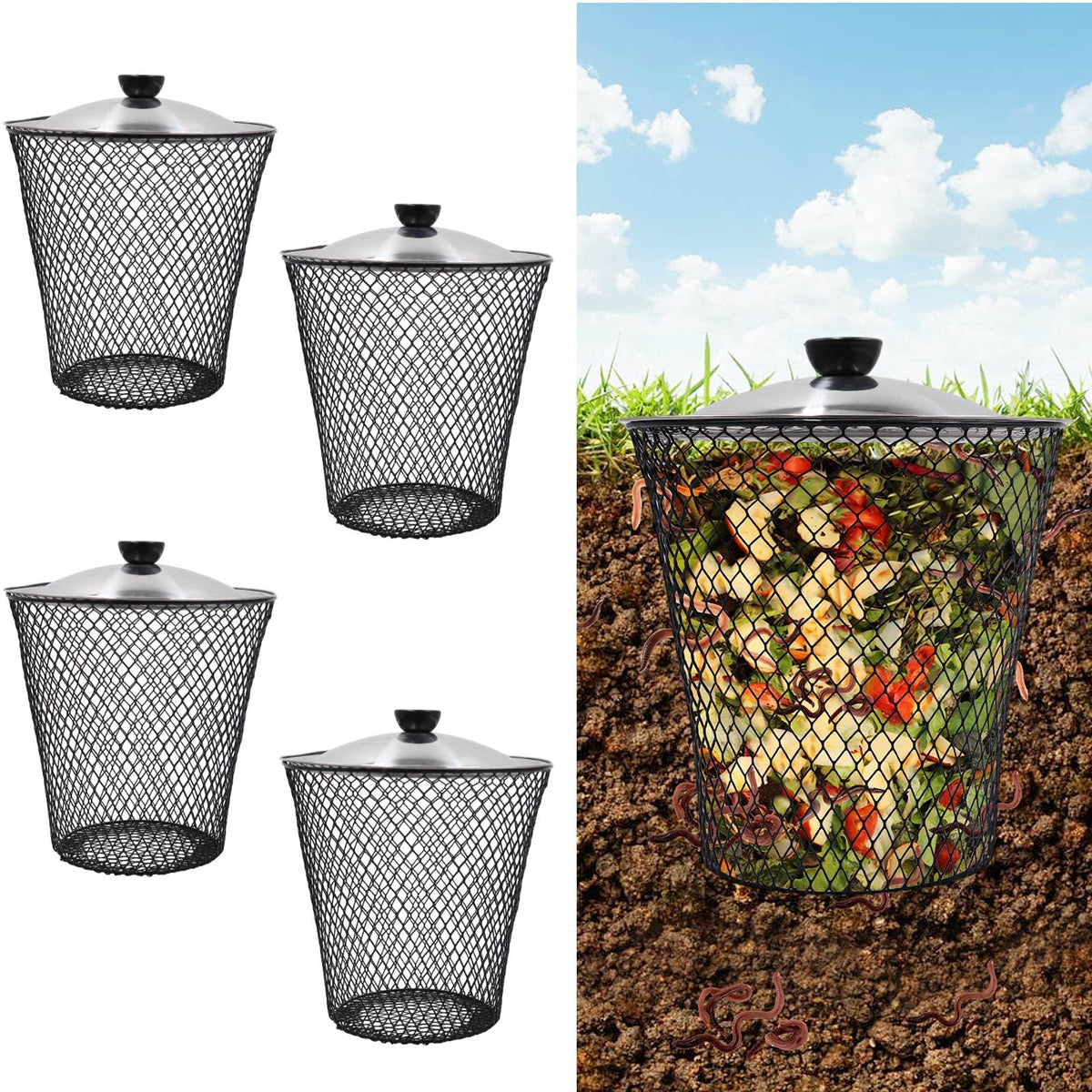 4 Pack In Ground Compost Bin Outdoor, Metal Worm Compost Bin with Lid for Organic Refuse, Worm Farm for Garden, Vegetable Patch,