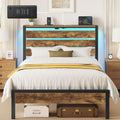 Rolanstar Bed Frame Twin Size with USB Charging Station, LED Bed Frame with Wood Storage Headboard, Rustic Brown Metal Platform 