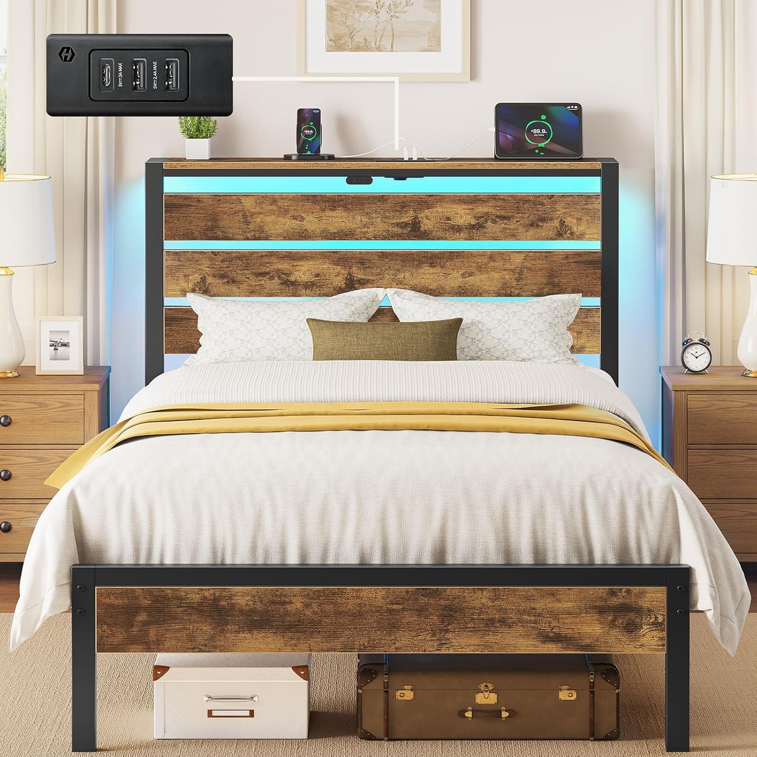 Rolanstar Bed Frame Twin Size with USB Charging Station, LED Bed Frame with Wood Storage Headboard, Rustic Brown Metal Platform 