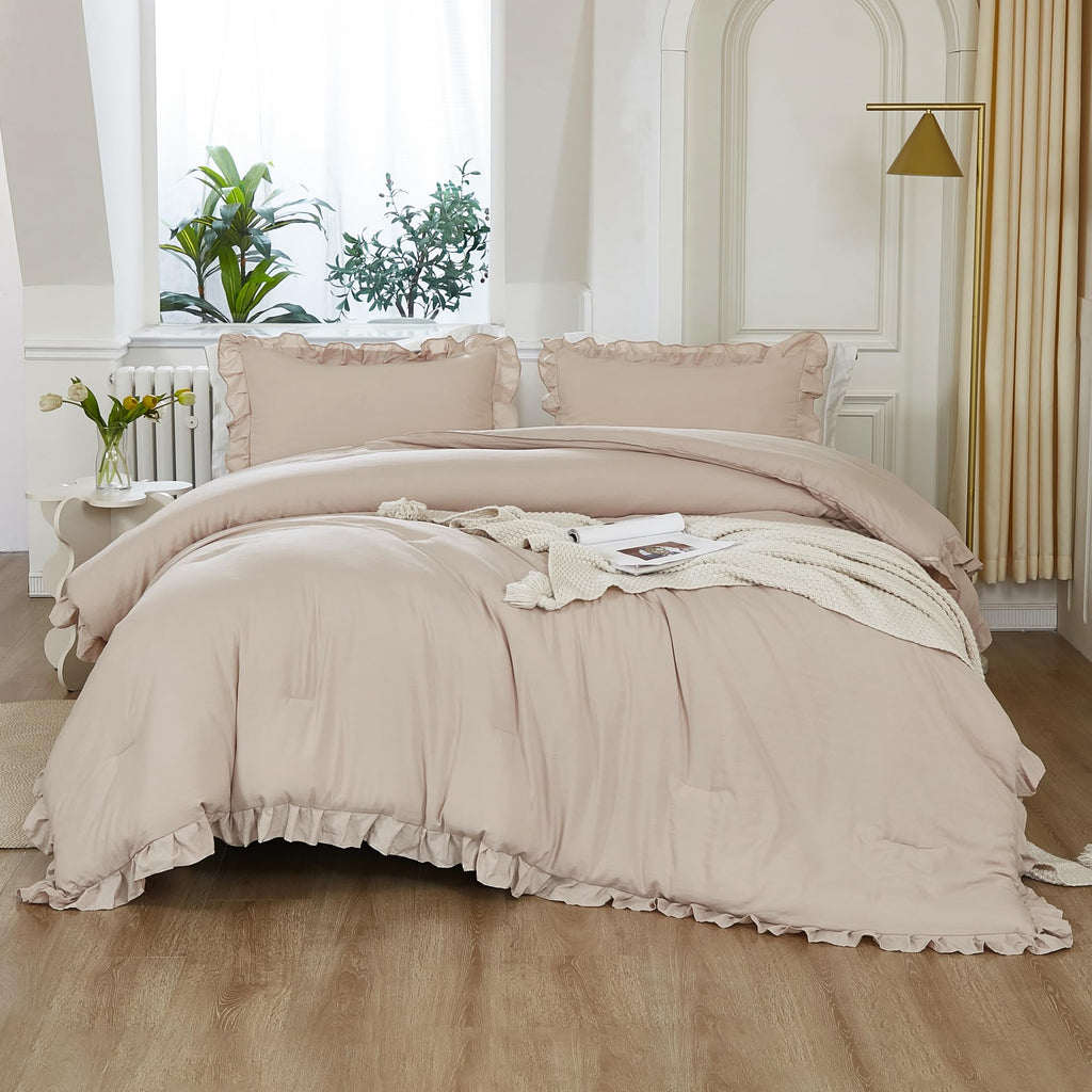Litanika King Comforter Set Khaki, 3 Pieces Ruffle Farmhouse Aesthetic Bedding Comforter Set, Lightweight Fluffy Microfiber Bed