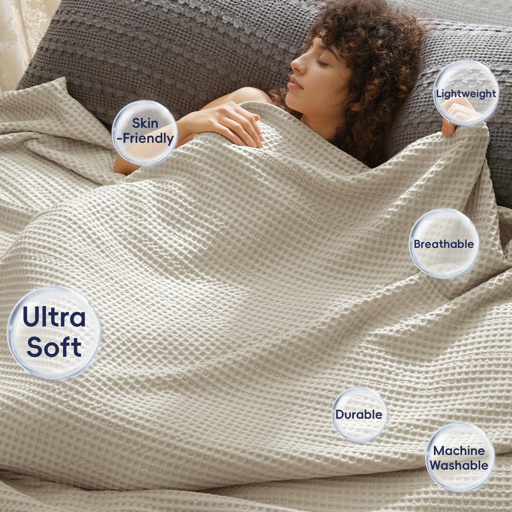 Phf Ultra Soft Waffle Weave Throw Blanket 50'X 60'- Washed Lightweight Breathable Cozy Woven Blanket For Bed - Aesthetic Decor For Couch Bedding Sofa Home Car - Light Khaki/Linen