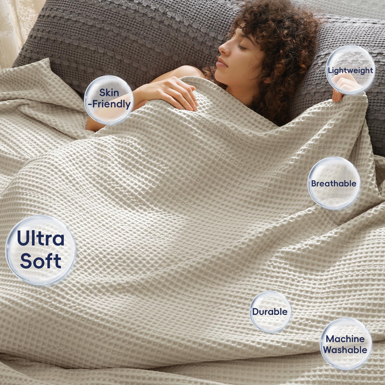 Phf Ultra Soft Waffle Weave Throw Blanket 50'X 60'- Washed Lightweight Breathable Cozy Woven Blanket For Bed - Aesthetic Decor For Couch Bedding Sofa Home Car - Light Khaki/Linen