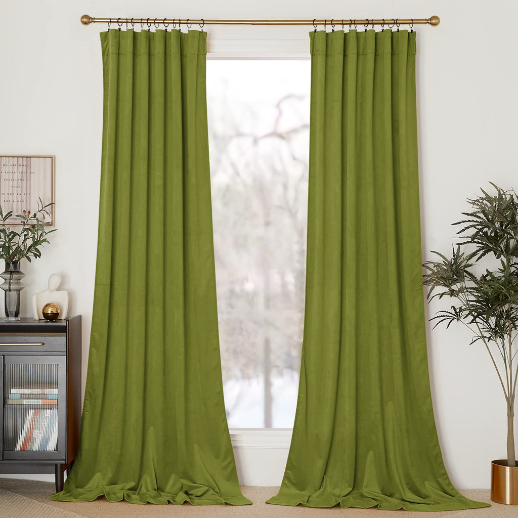 Nicetown Olive Green Velvet Drapes For Living Room (2 Panels, 52-Inch Wide X 120-Inch Long), Thermal Insulated Noise Reducing Ve