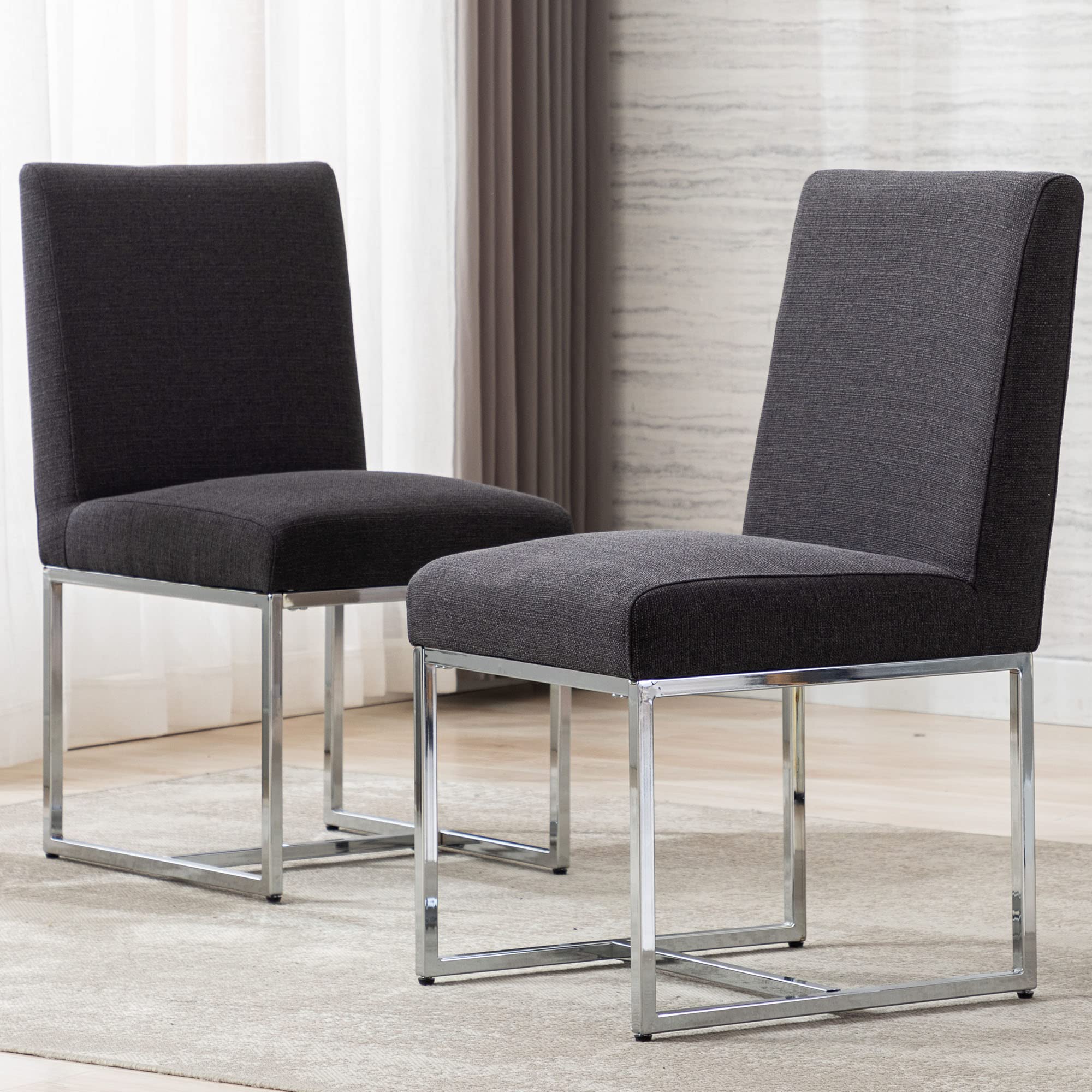 Vescasa Linen Upholstered Dining Chairs Set Of 2, Mid Century Modern Padded Chair With Chrome Metal Frame For Restaurant, Dining