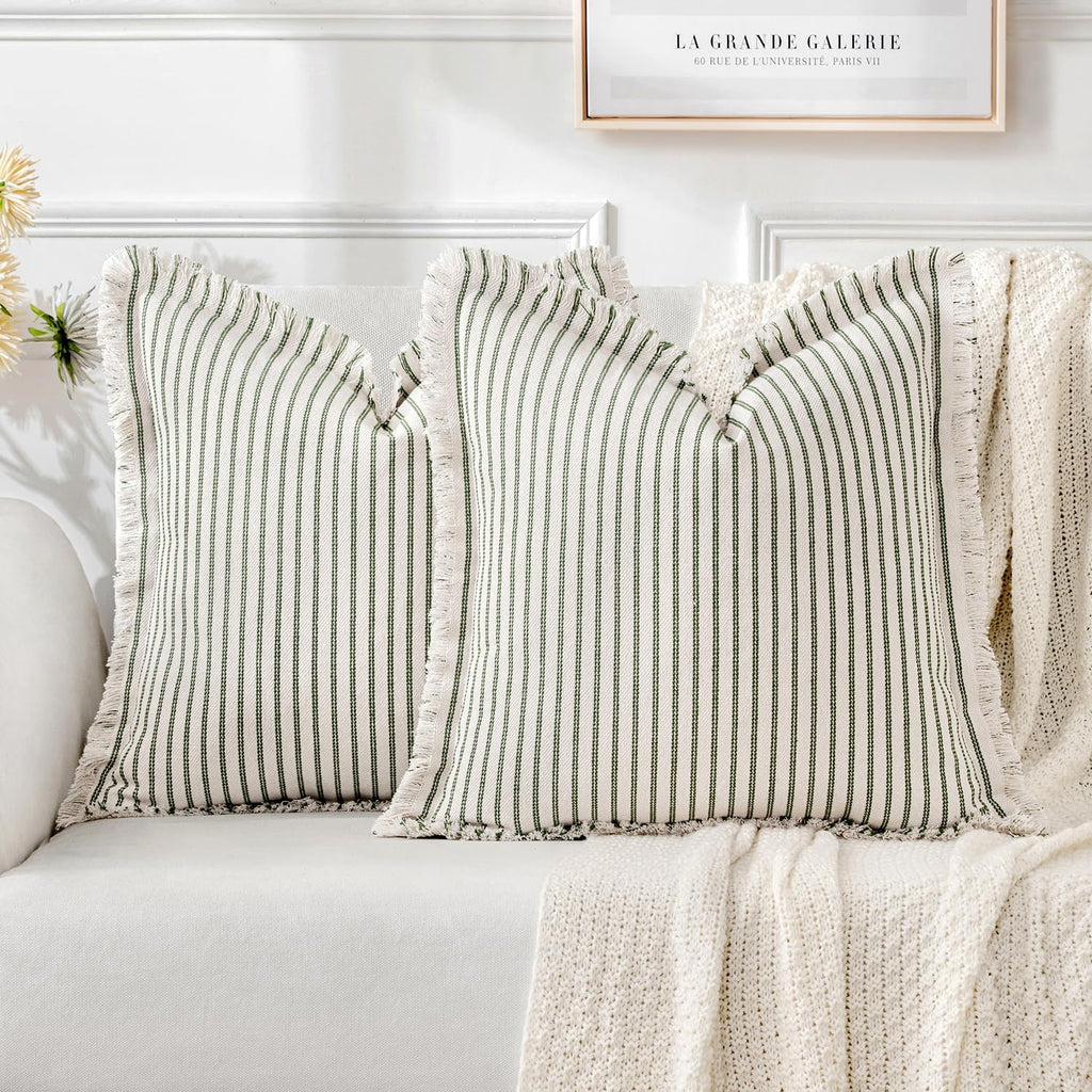Miulee Pack Of 2 Olive Green Pillow Covers 18X18 Inch Striped Farmhouse Couch Spring Throw Pillow Covers With Fringe Chic Linen Decorative Cushion Covers For Sofa Living Room Bed Home Decor