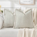 Miulee Pack Of 2 Olive Green Pillow Covers 18X18 Inch Striped Farmhouse Couch Spring Throw Pillow Covers With Fringe Chic Linen Decorative Cushion Covers For Sofa Living Room Bed Home Decor